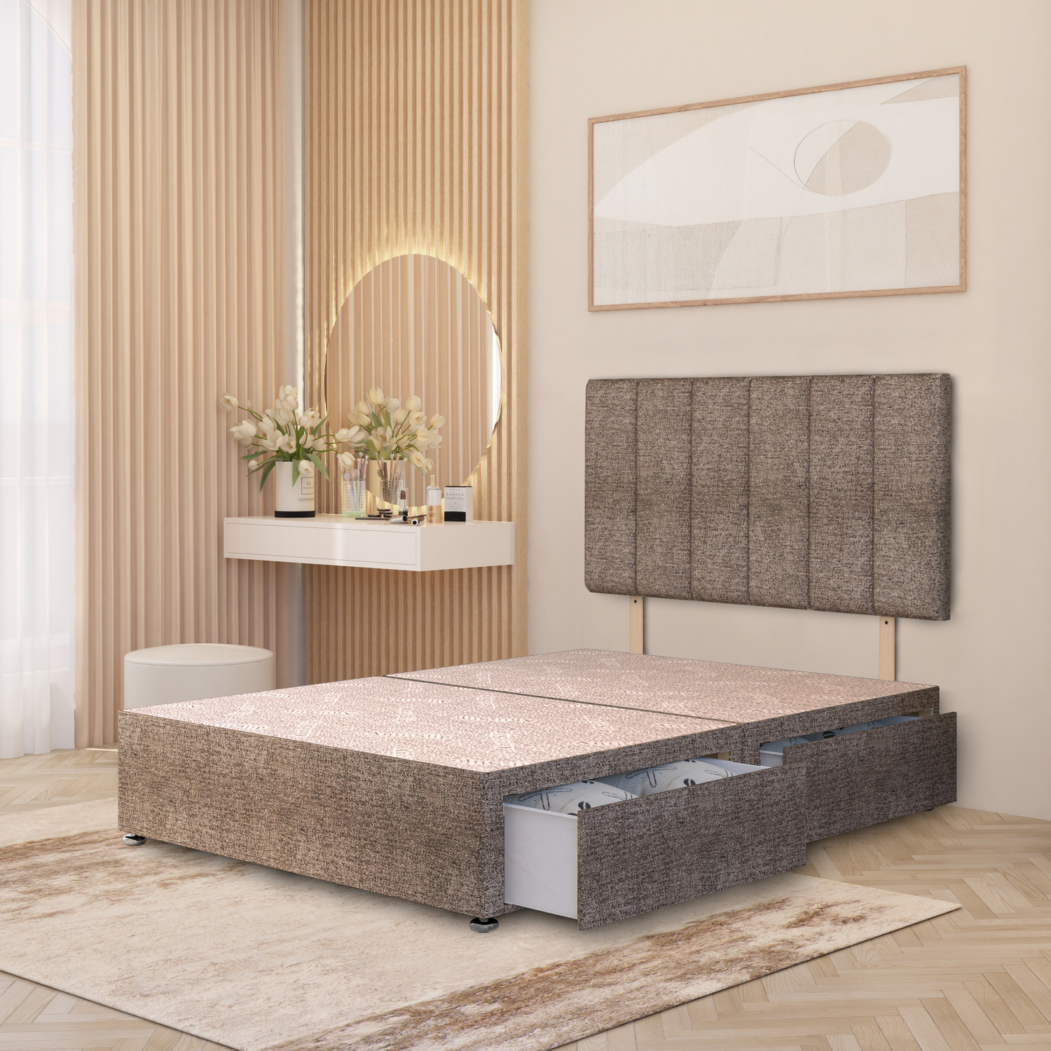 Tweed Fabric Divan Bed Base With 32 Stripe Headboard And Storage Options - Coffee Small Double 45 5kg