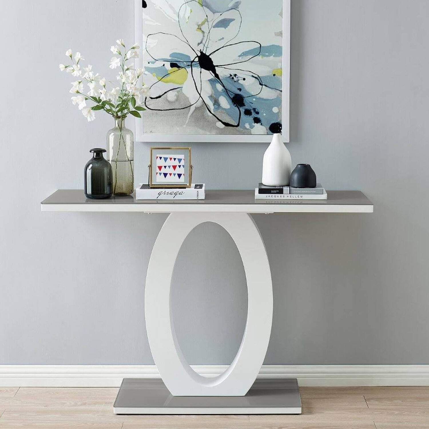 Giovani Grey White High Gloss Glass Console Coffee End Side Table Set - Grey