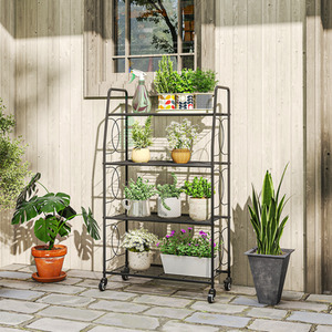 Outsunny 4-Tier Metal Plant Stand with Lockable Wheels
