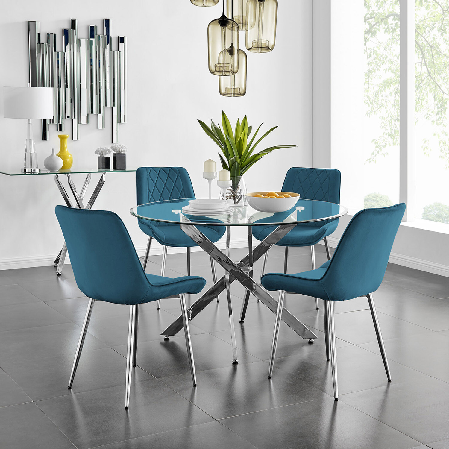 Novara Round Dining Table With Four Pesaro Silver Leg Chairs - Blue