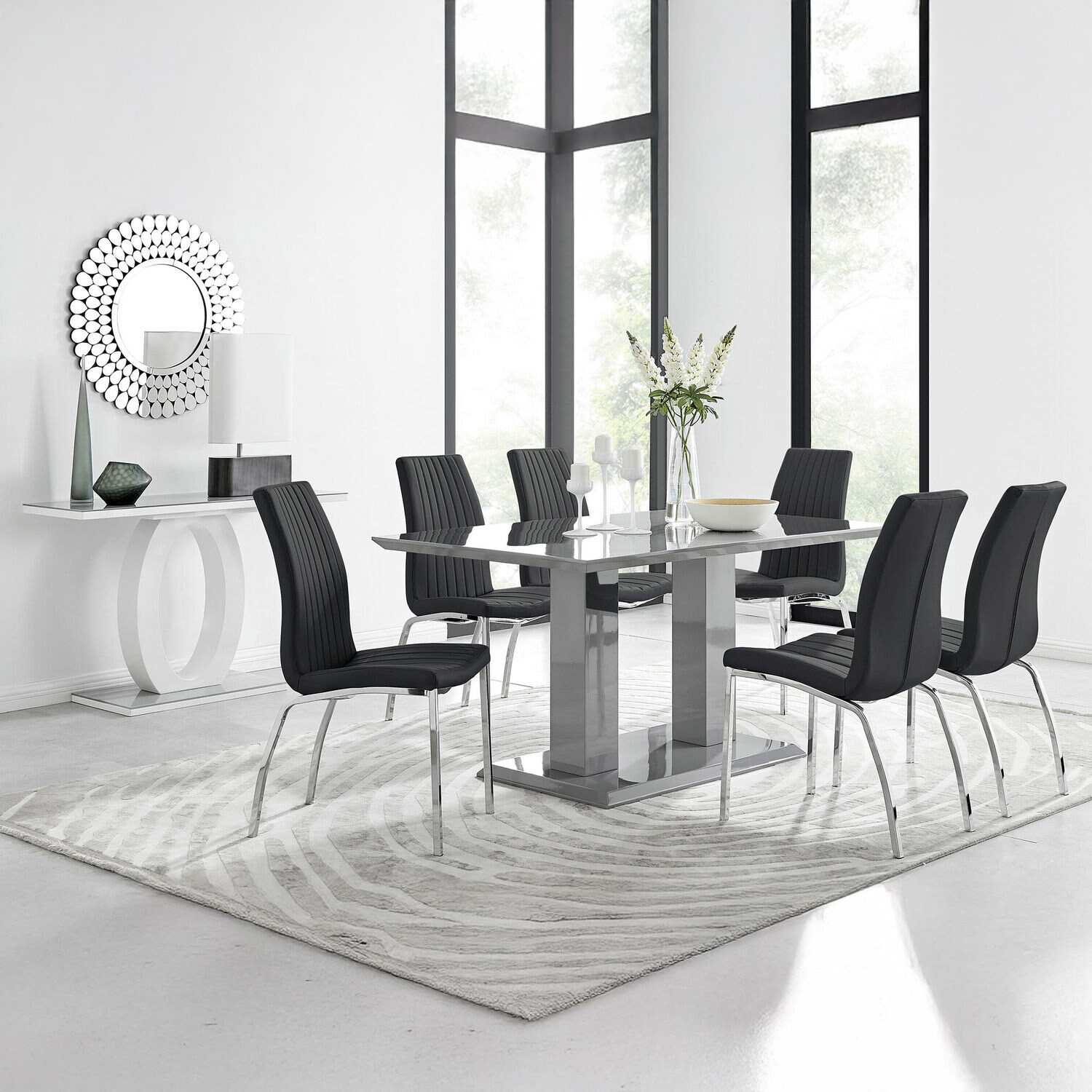 Furnitureboxuk Imperia Grey High Gloss Dining Table With 6 Isco Chairs Chrome Finish - Black