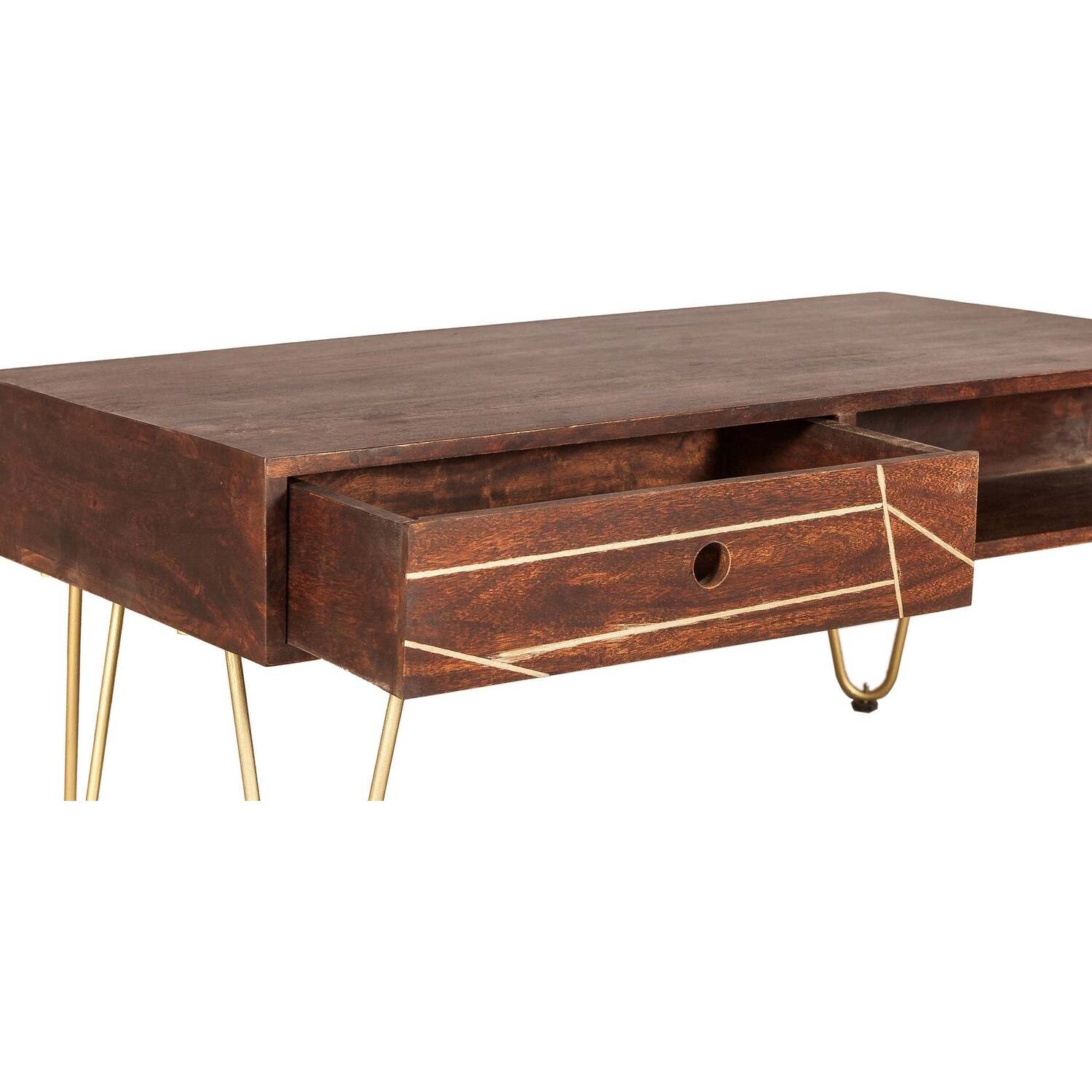 Bandung Dark Mango Wood Coffee Table - Matt Finish, Gold Inlay, 2 Drawers, Open Shelf - Brown