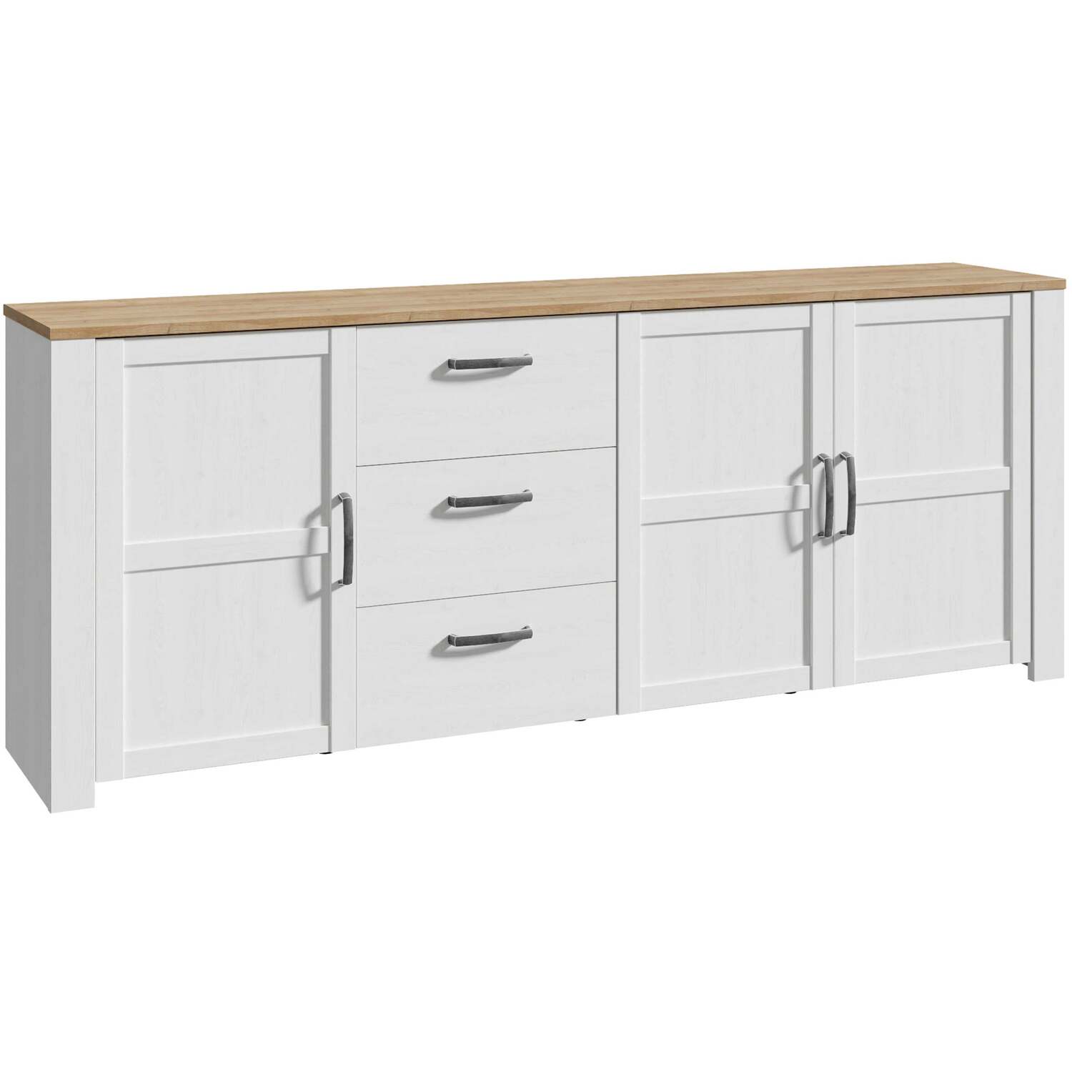 Wyld Haus Bramblecroft Large Sideboard White Body With Natural Oak Top 3 Doors 3 Drawers - White