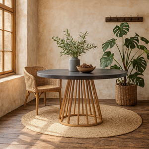 Lucca Round Dining Table - Grey Faux Dark Concrete Top with Brushed Gold Base