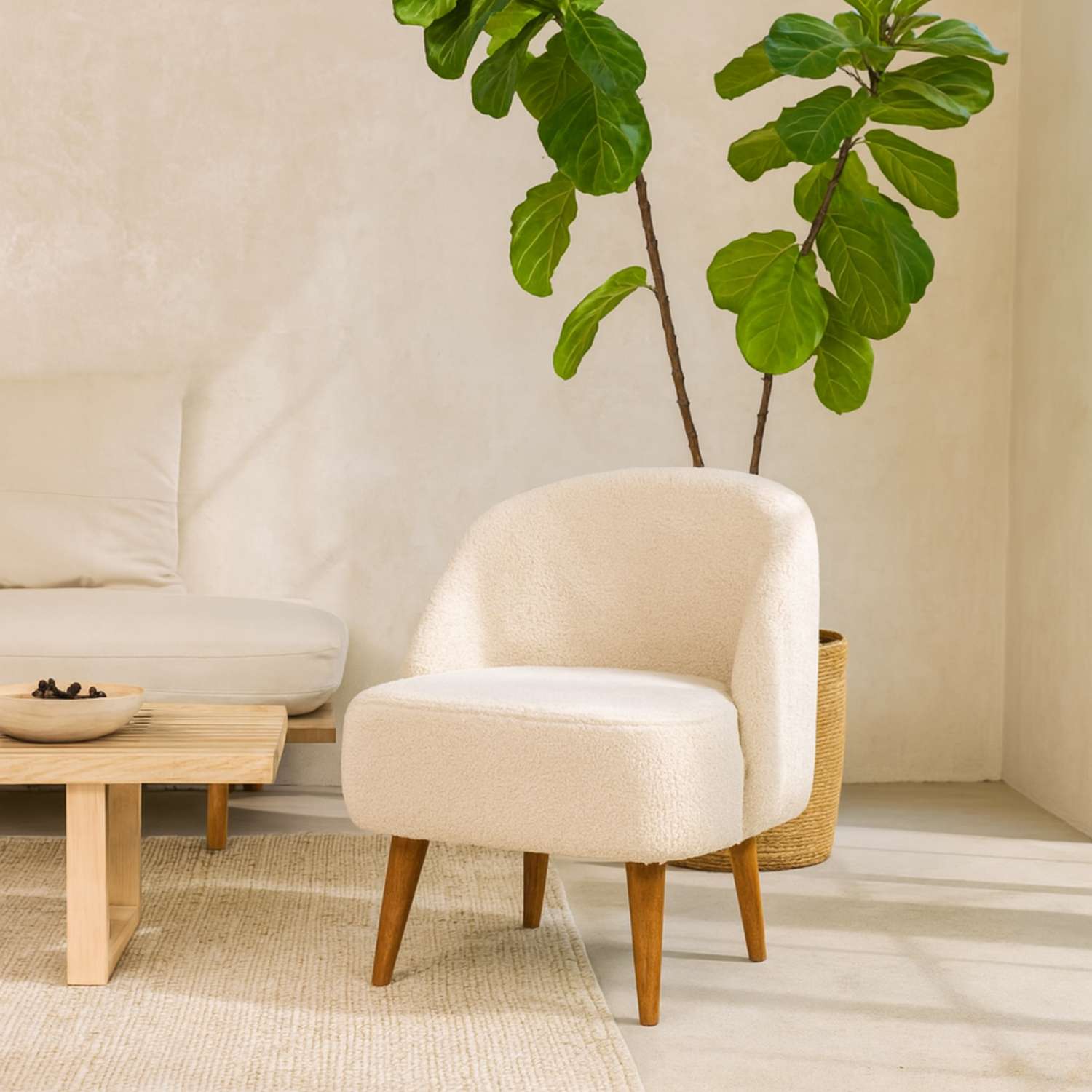 Waipahu Cream Bouclé Tub Chair with Hand-Carved Mango Wood Legs - Brown