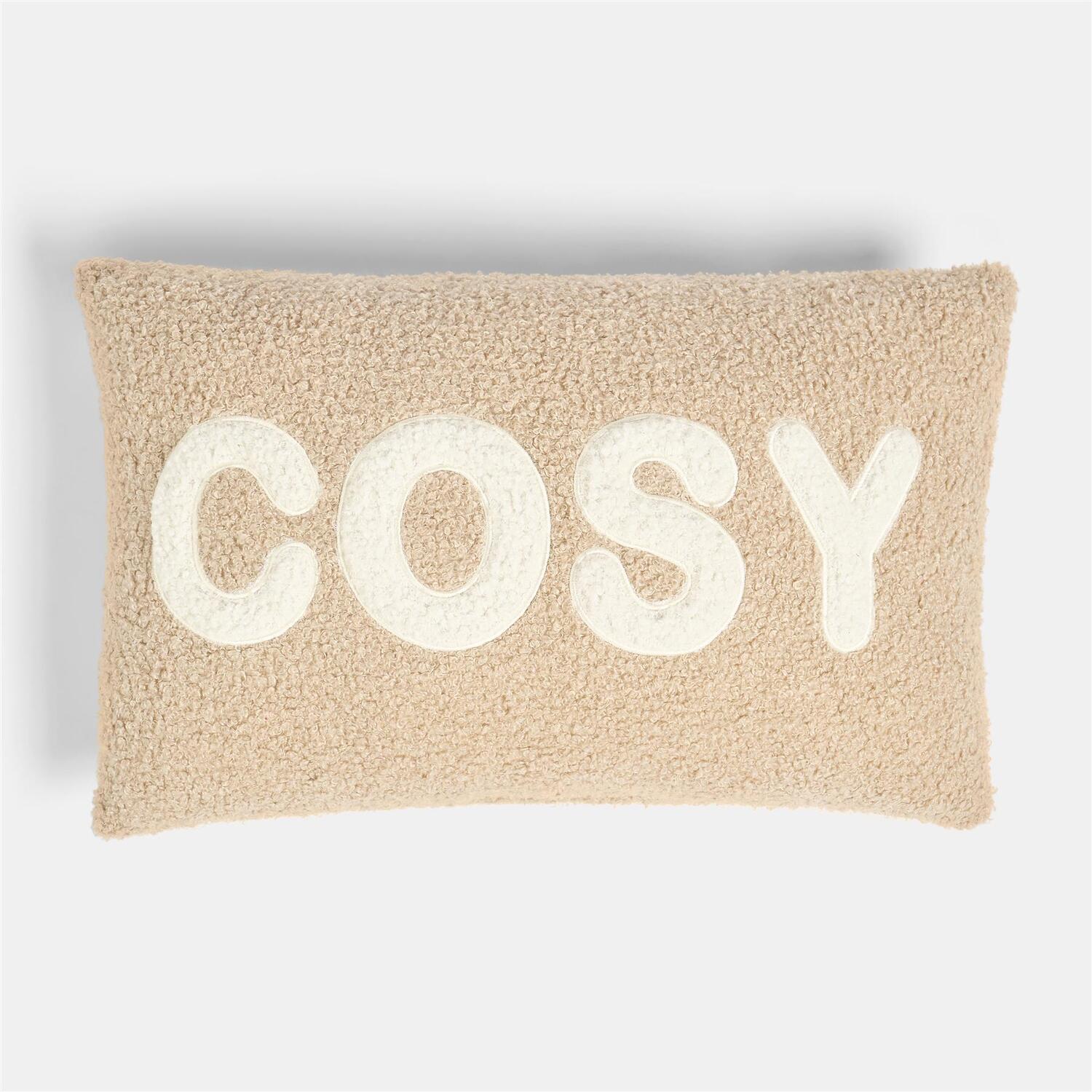 OHS Cosy Slogan Soft Boucle Cushion Decorative Scatter Pillow, Natural | Size: 50 cm x 30 cm