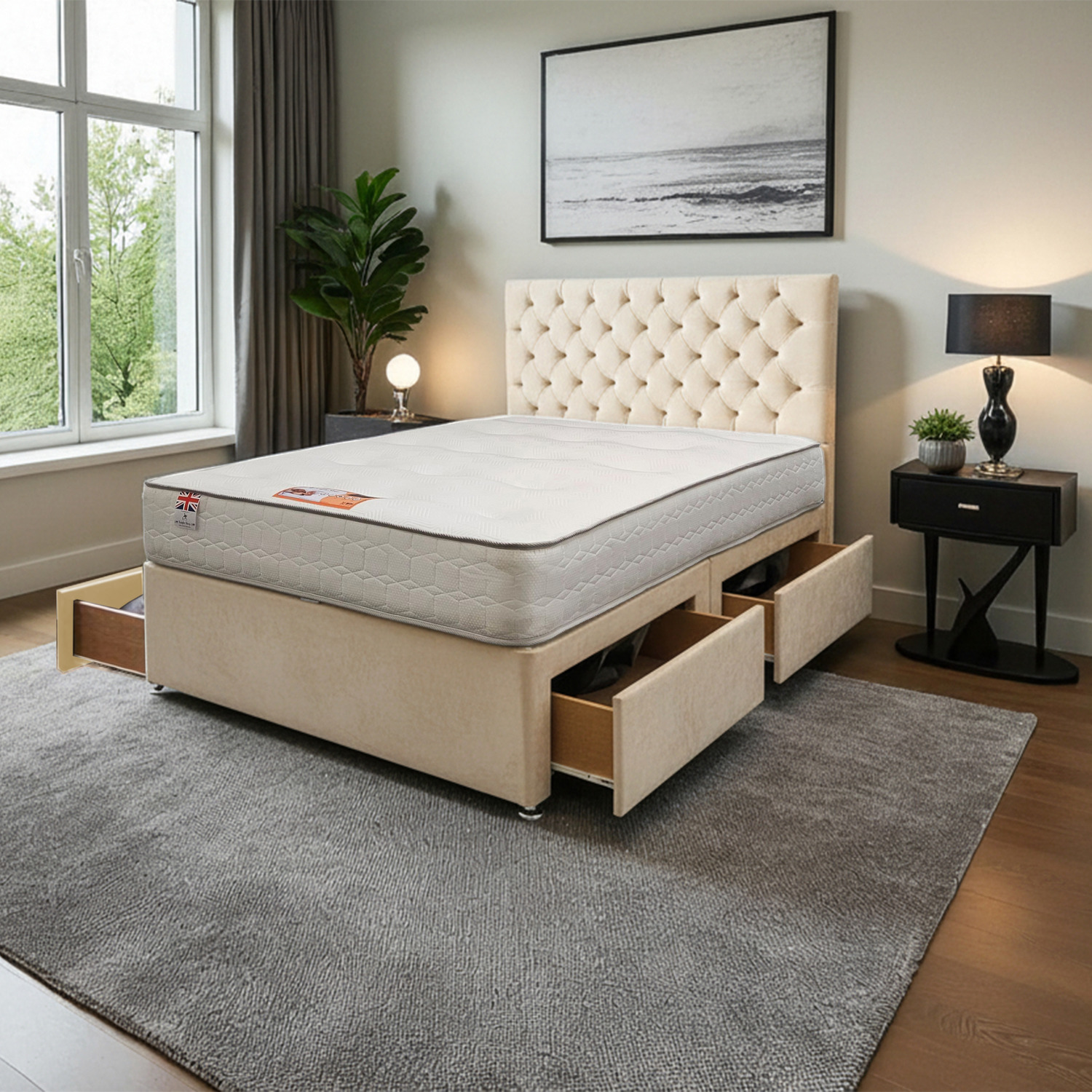 Athens Plush Bed Set With Mattress And 24 Headboard - Cream Superking 103kg