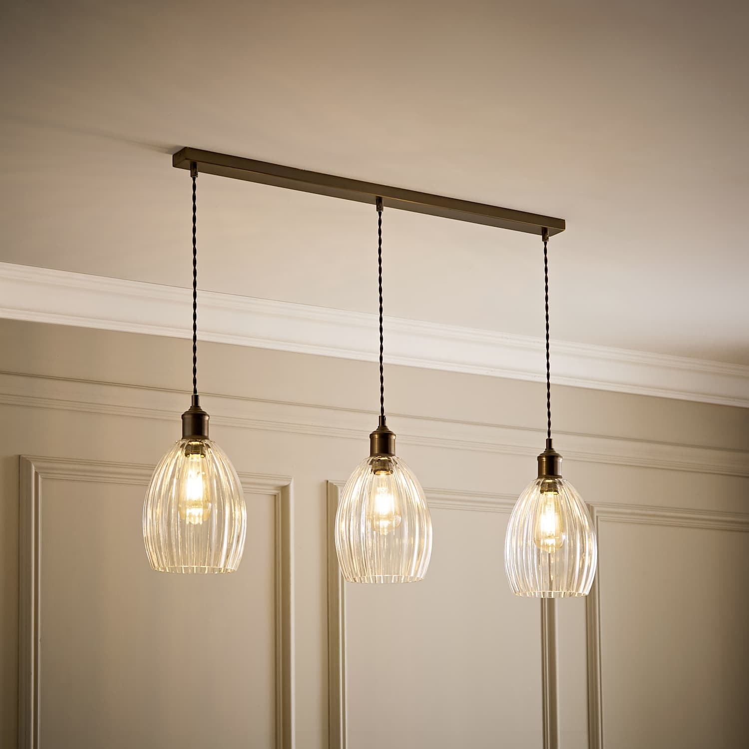 Valuelights Unisex Bronze Cheltenham Ribbed Glass Dome 3 Drop Bar Diner Ceiling Light With Bulbs In - Image 1