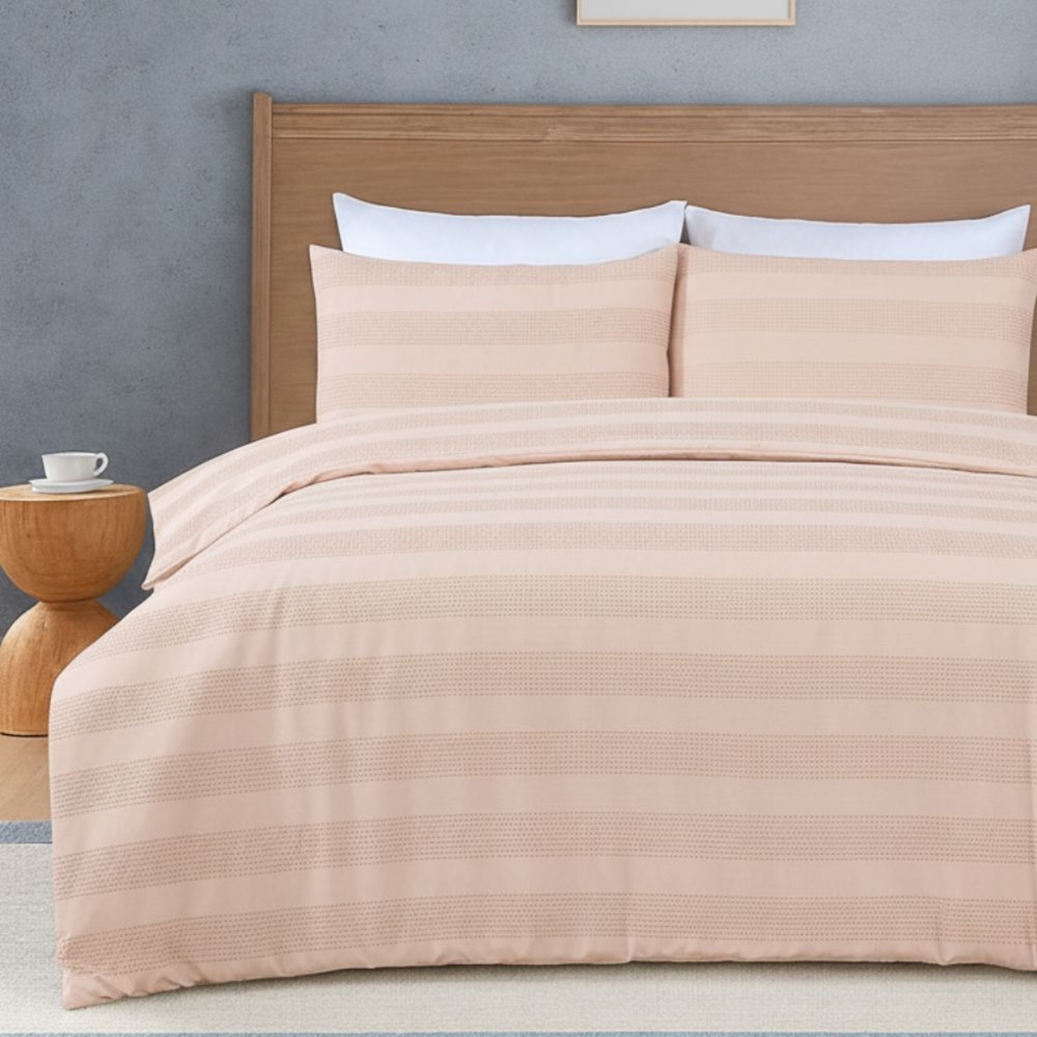 Waffle Stripe Duvet Cover Set Soft Polycotton Blend - Dusty Pink - Dusty Pink King
