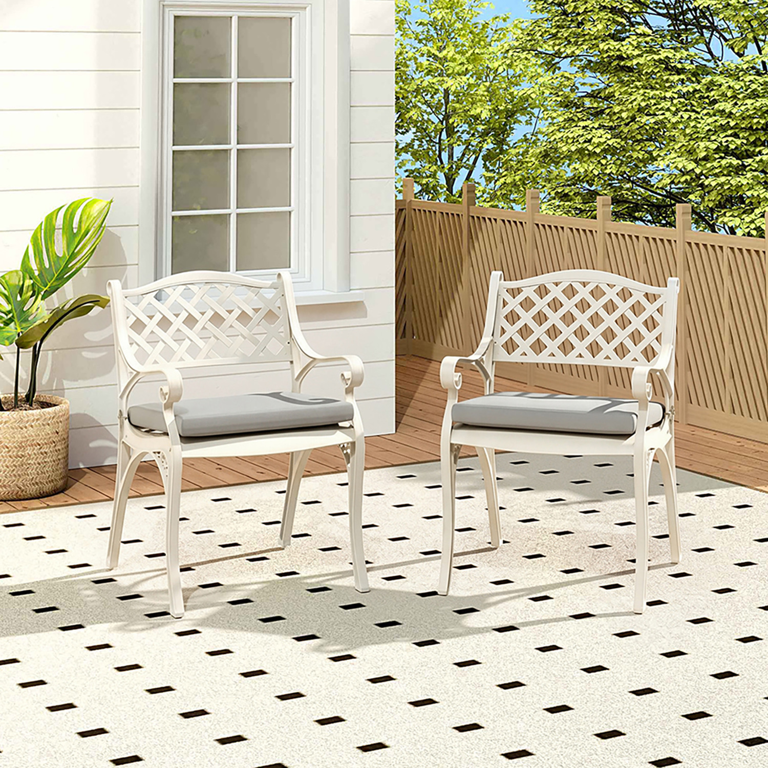Set Of Two Garden Chairs With Mesh Backrests And Cushions - Beige