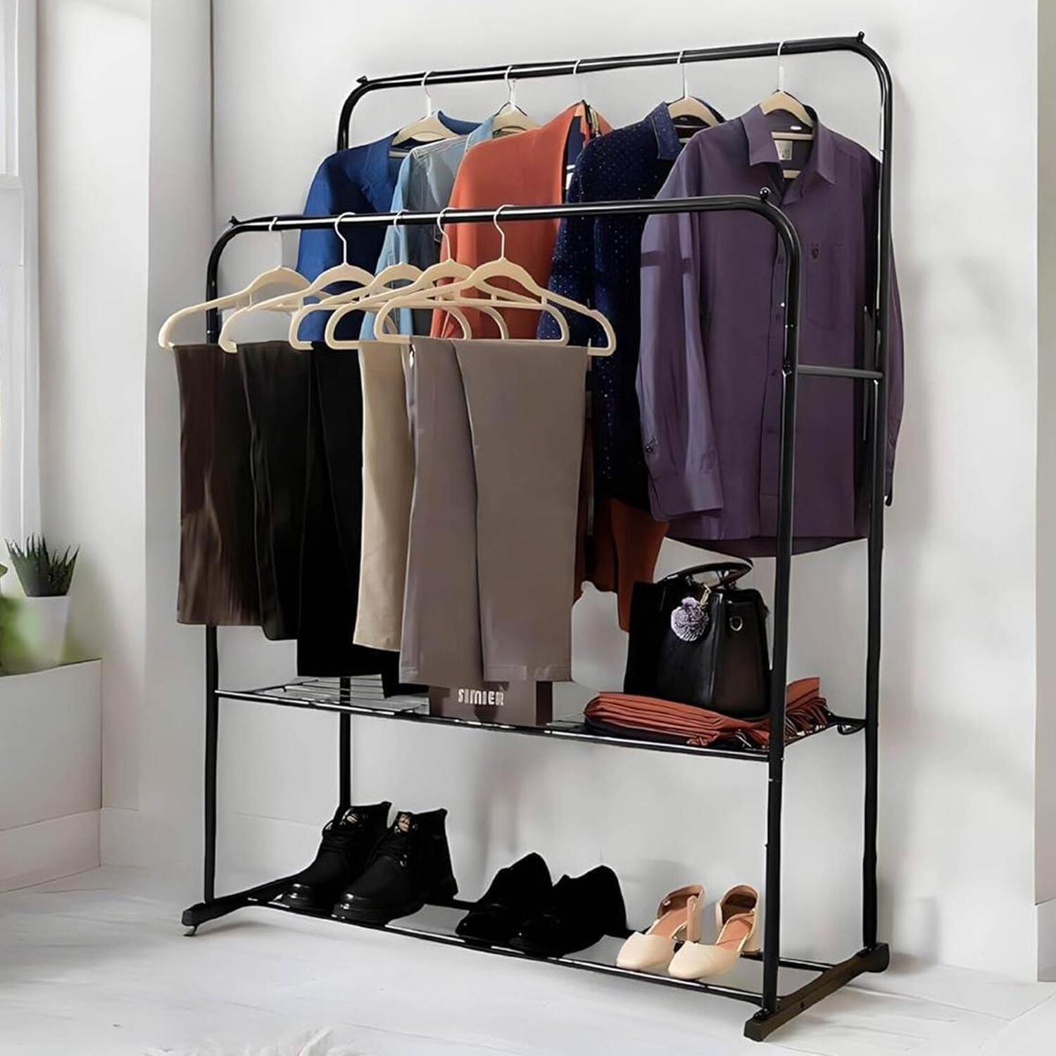 Heavy Duty Double Clothes and Garment Rail with Two Shelves - Black