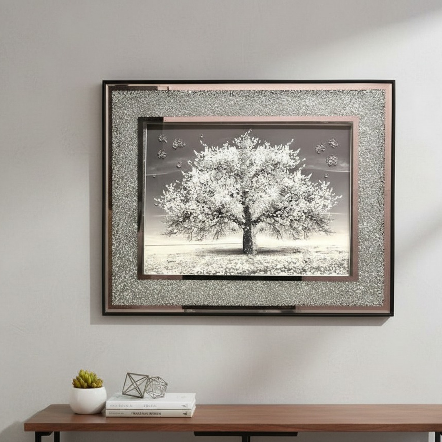 Blossom Tree 3d Glitter Liquid Wall Art Crushed Diamond Crystal Framed Deco 45cm - Silver