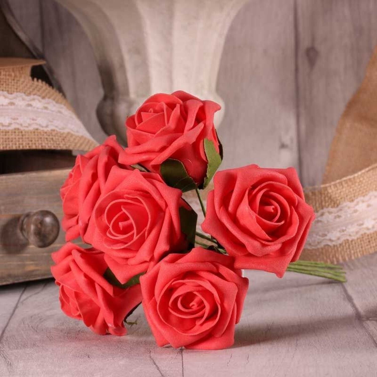 Bunch of 6 Small Foam Tea Roses - Coral Pink