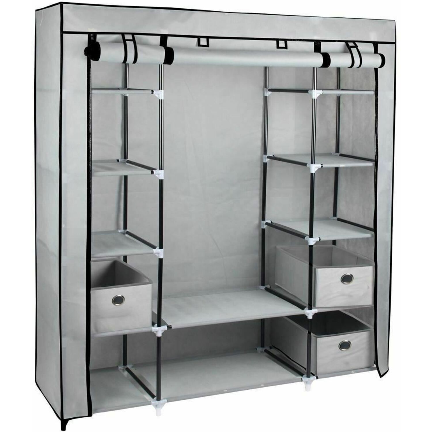 Gr8 Home Large Grey Fabric Canvas Wardrobe With Hanging Rail Shelving Clothes Storage Cupboard - Image 2