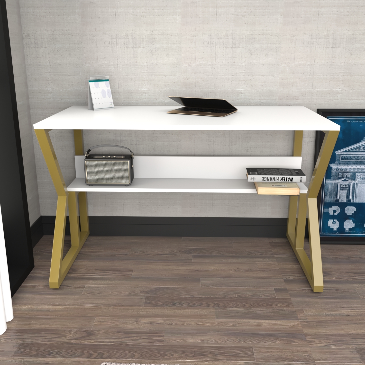 Wake Computer Desk - White & Gold / 0cm / White and Gold