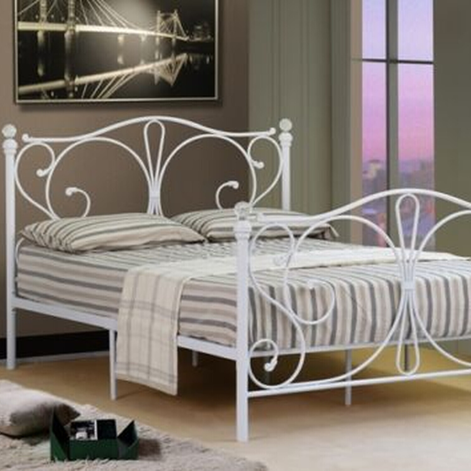 Metal Crystal Finial Bed Frame - White Small Double