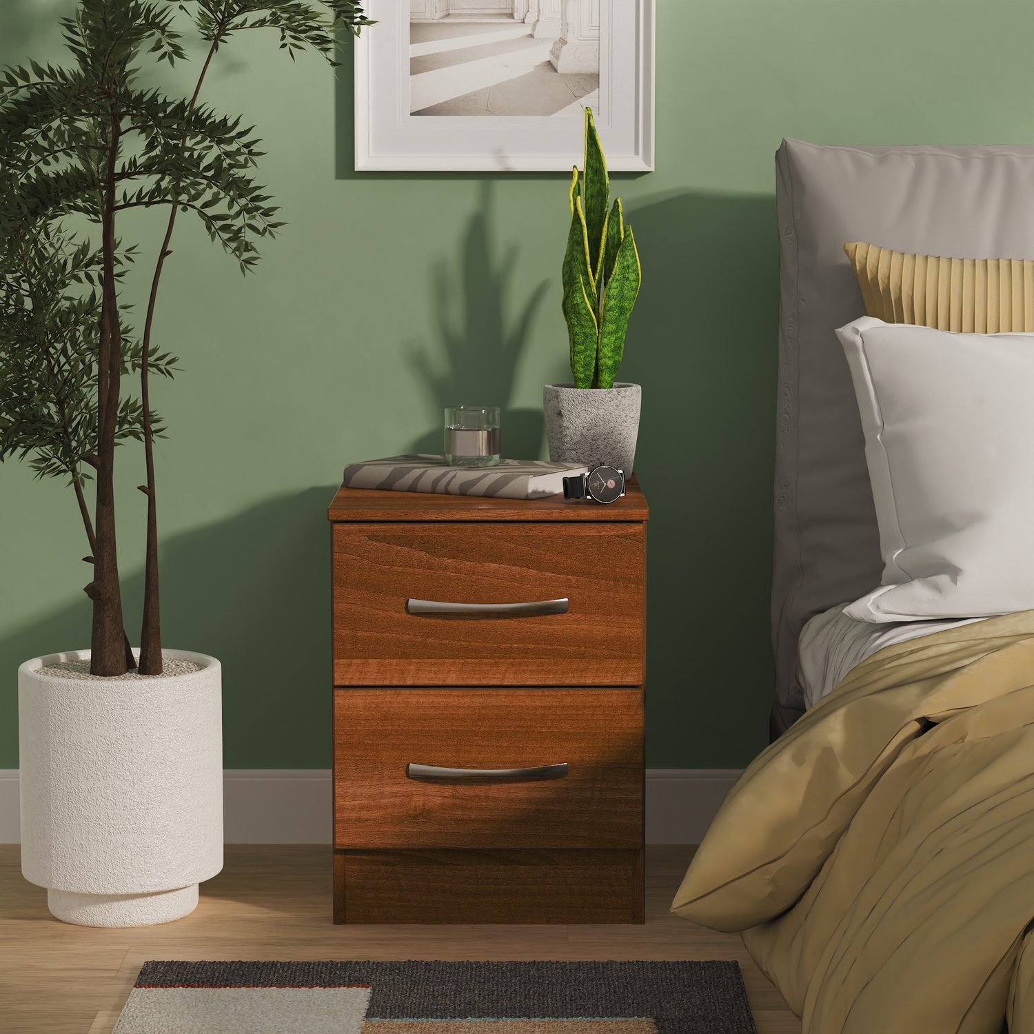 Avon Ready Assembled 2 Drawer Bedside Cabinet - Noche Walnut