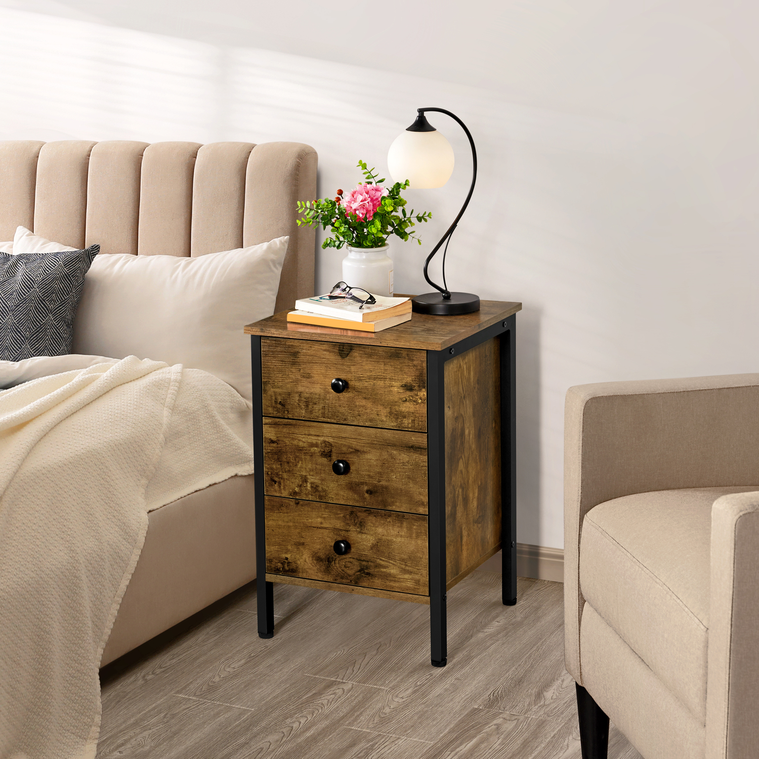Yaheetech 3-Drawer Bedside Table With Metal Frame - Rustic Brown