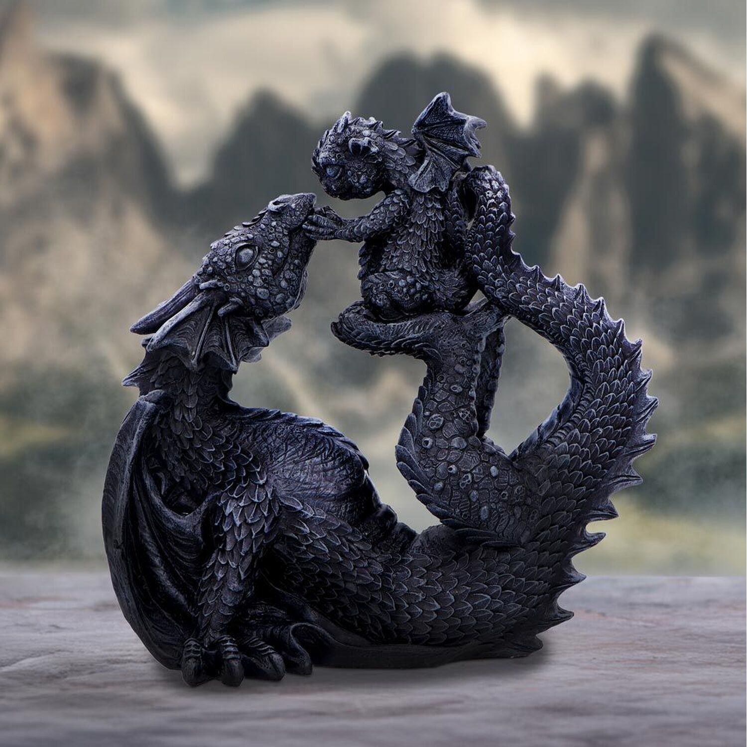 Dragonling Black Drakaina and Dragonling Figurine