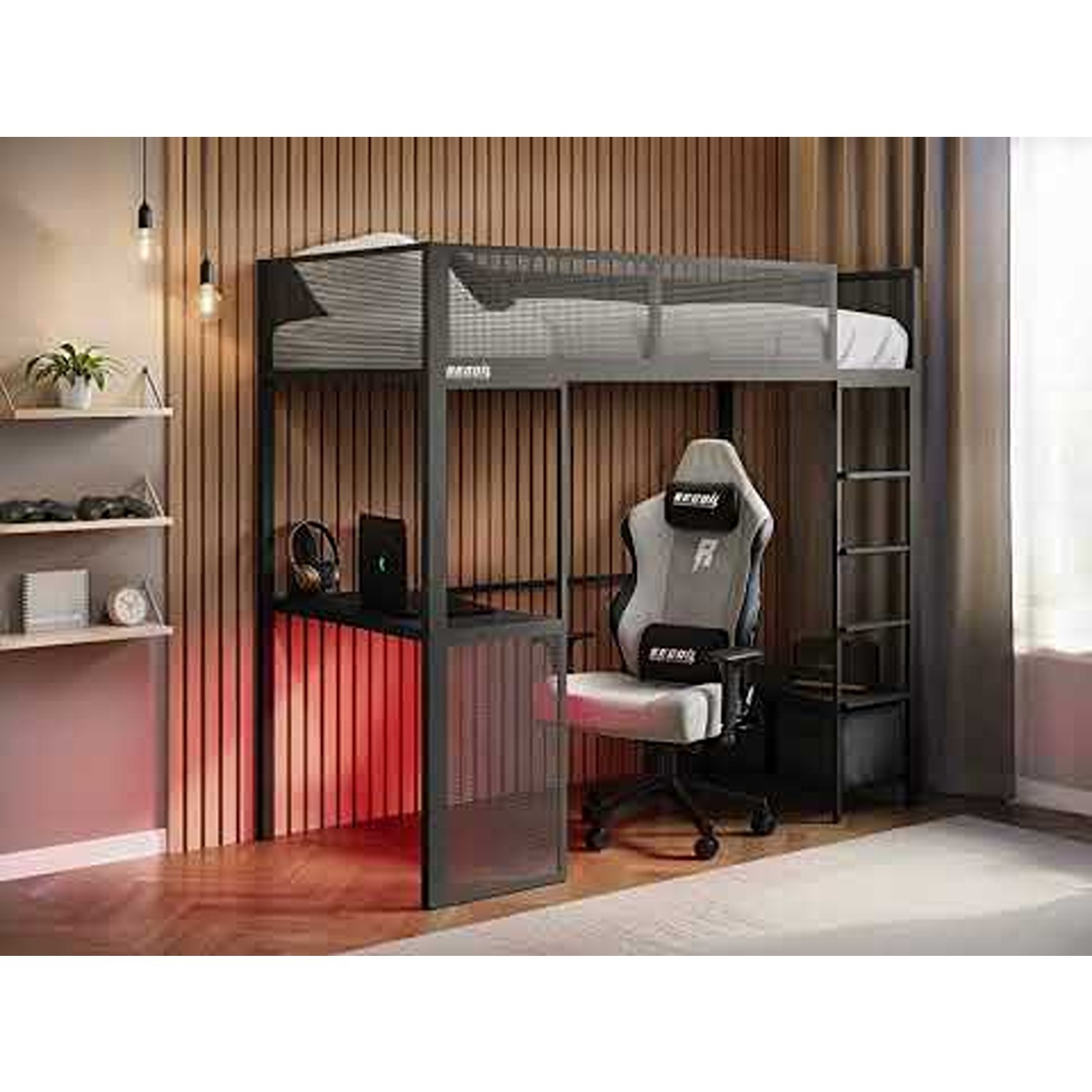 Glitch Metal Gaming High Sleeper with Desk Black - Black