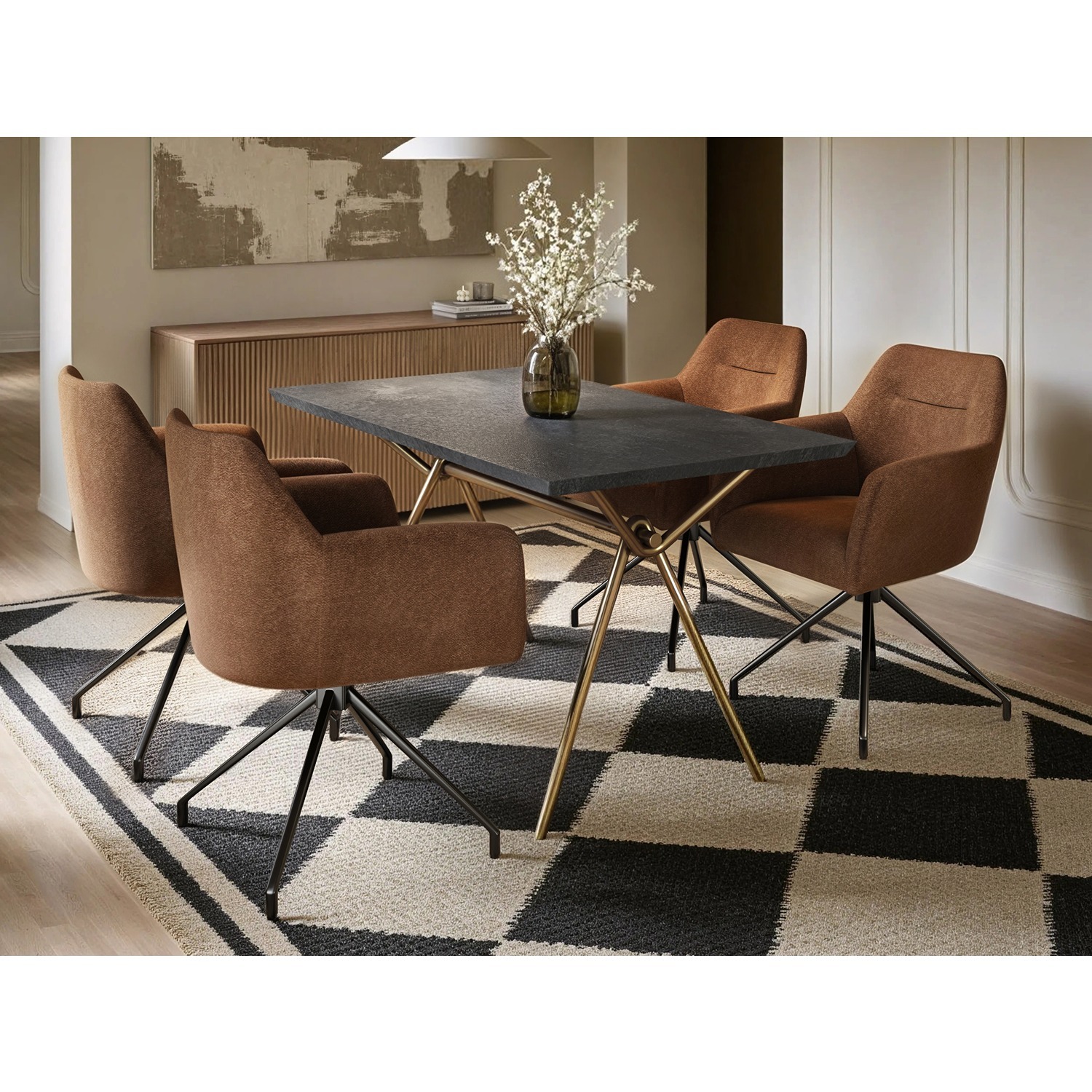 Lexi Dining Table with 4 Isla Swivel Dining Chairs Brown - Black + Brown