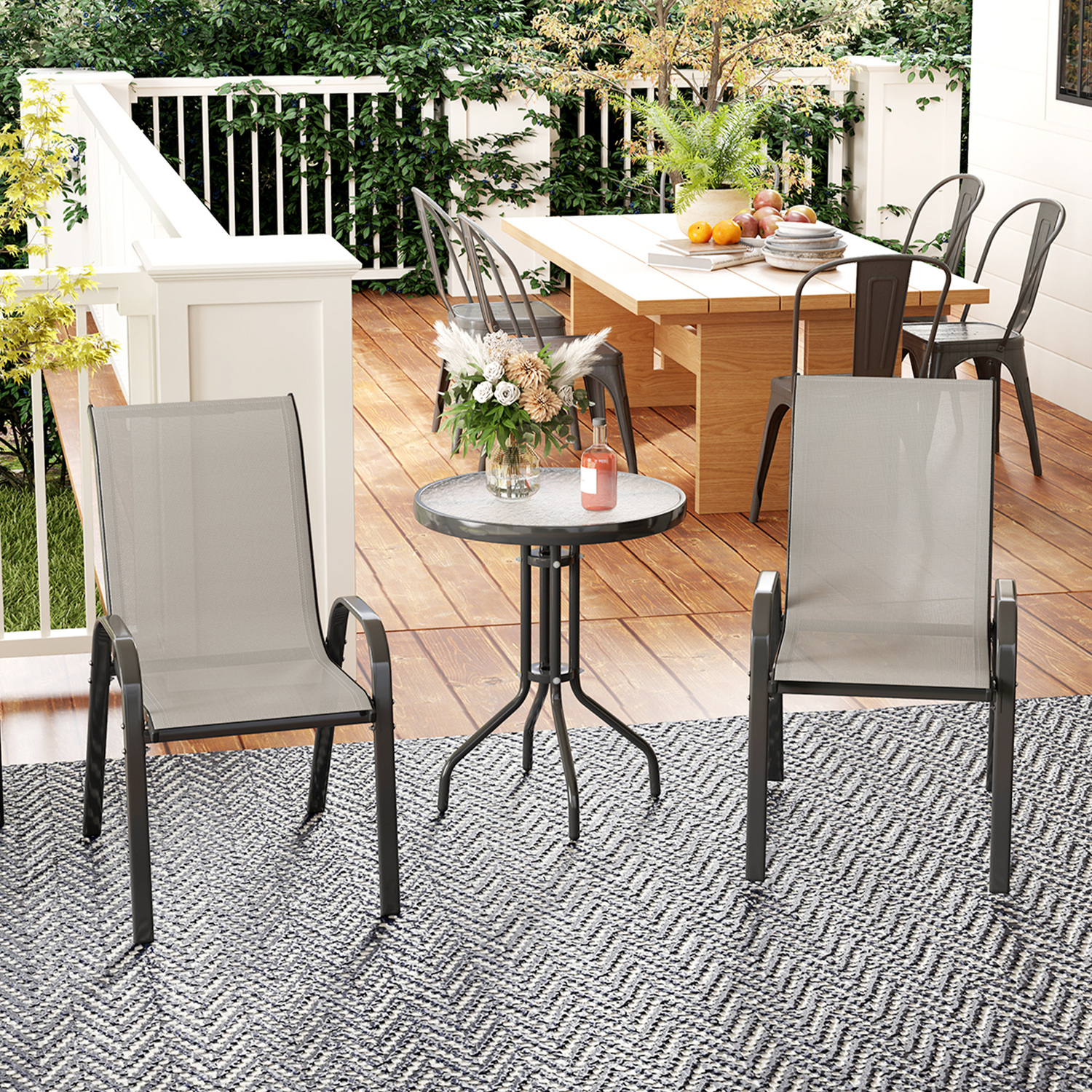 Outsunny Garden Bistro Set with Stackable Chairs - Light Grey
