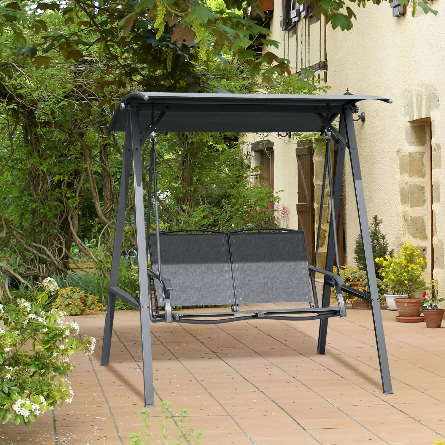 Outsunny 2 Seater Garden Swing Chair Canopy Swing Bench With Adjustable Shade - Dark Grey