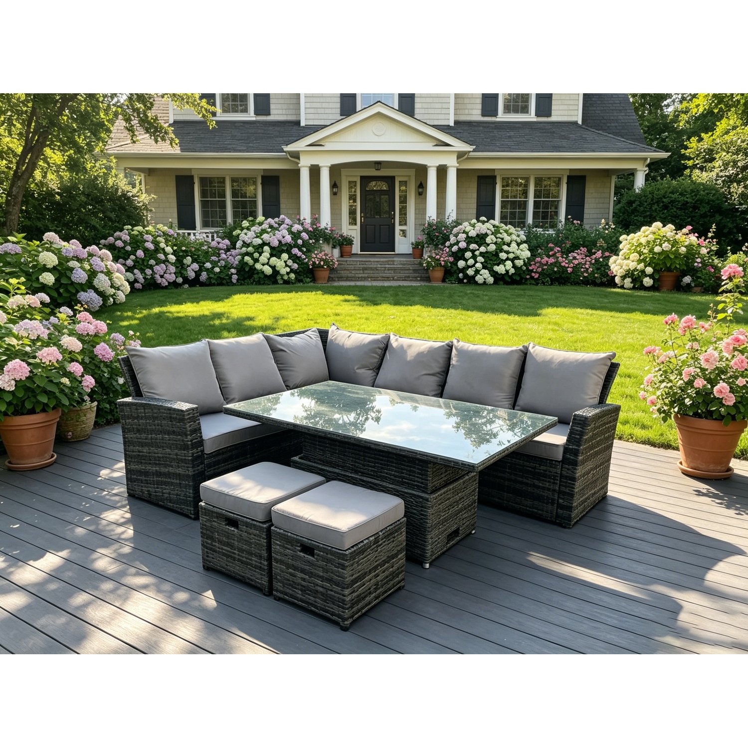 Fimous Rattan Corner Sofa Set Rising Table 8 Seater