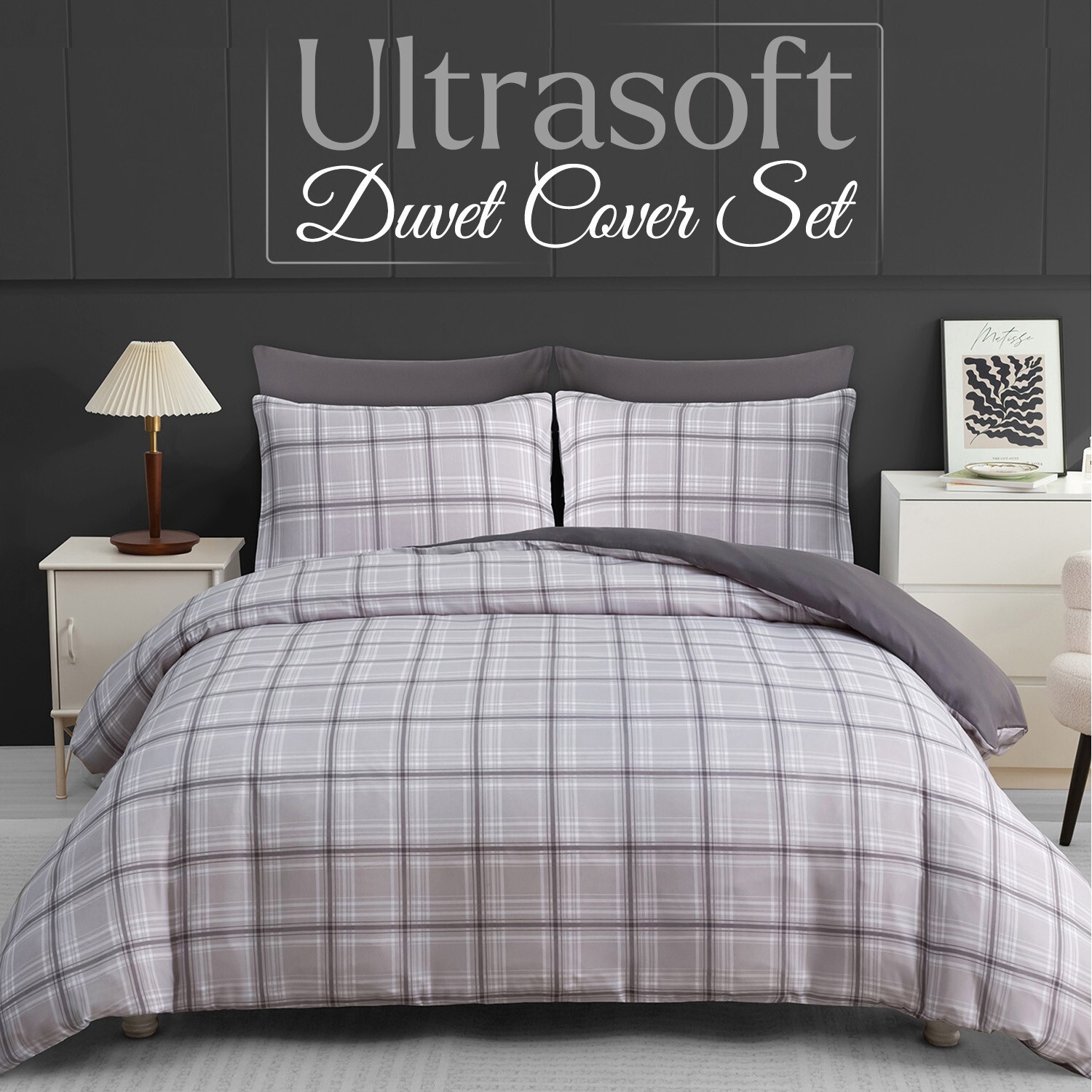 Pamposh Premium Microfiber Easy Care Duvet Cover Set - Grey & White / Duvet Cover Set (1 x Duvet Cover + 2 x Pillowcase) / Double / 200cm / 900g