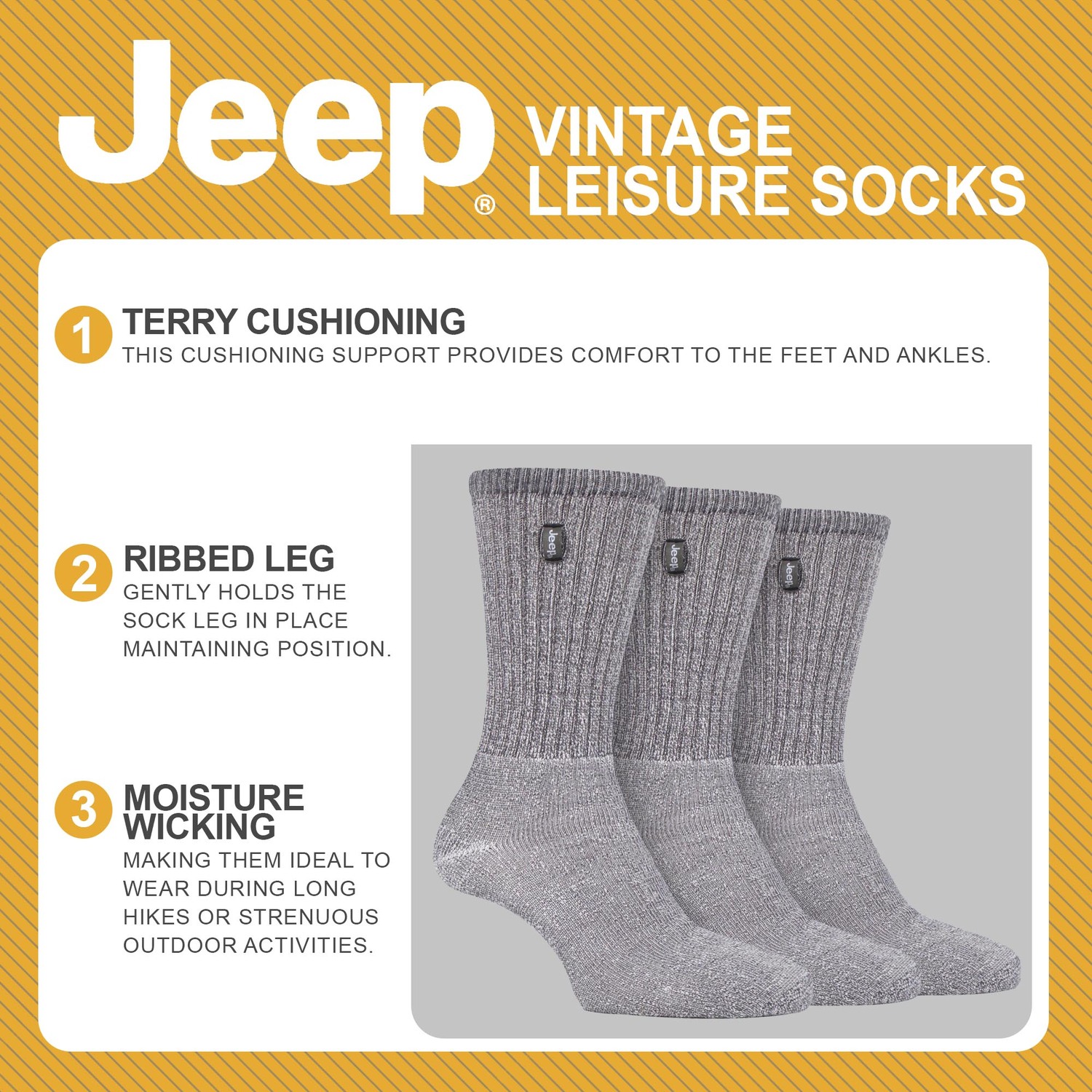 Jeep - 3 Pairs Mens Vintage Cotton Cushioned Socks for Hiking Boots - Black - Size UK 6-11