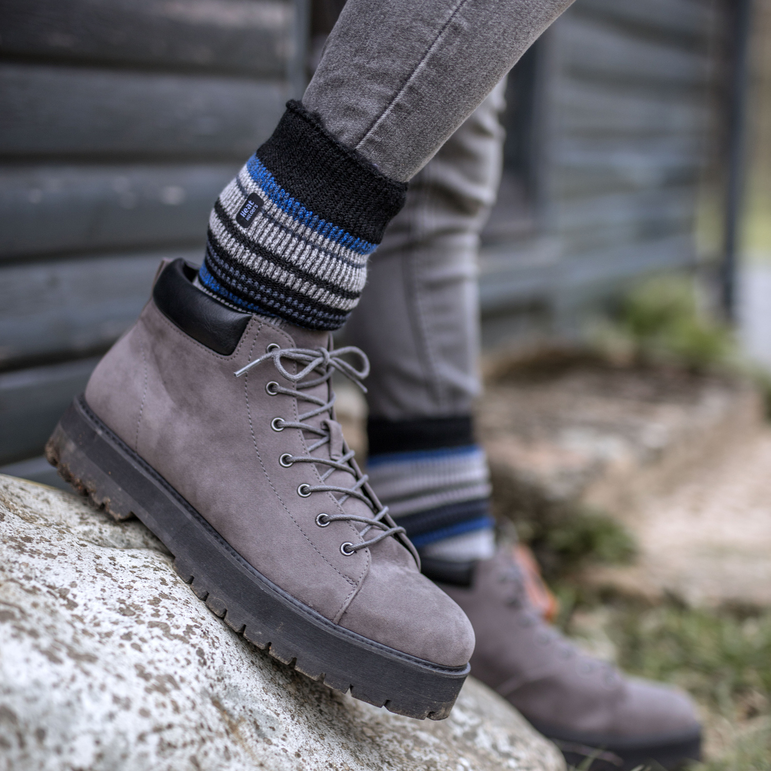 Mens Thermal Patterned Brushed Socks with Stripes for Winter - Black
