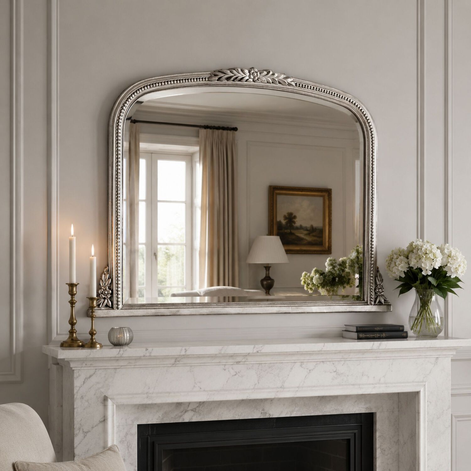 Image of Overmantle Beaded Mirror - Silver