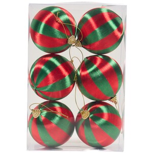 Pack of 6 Shiny Red and Green Striped Baubles