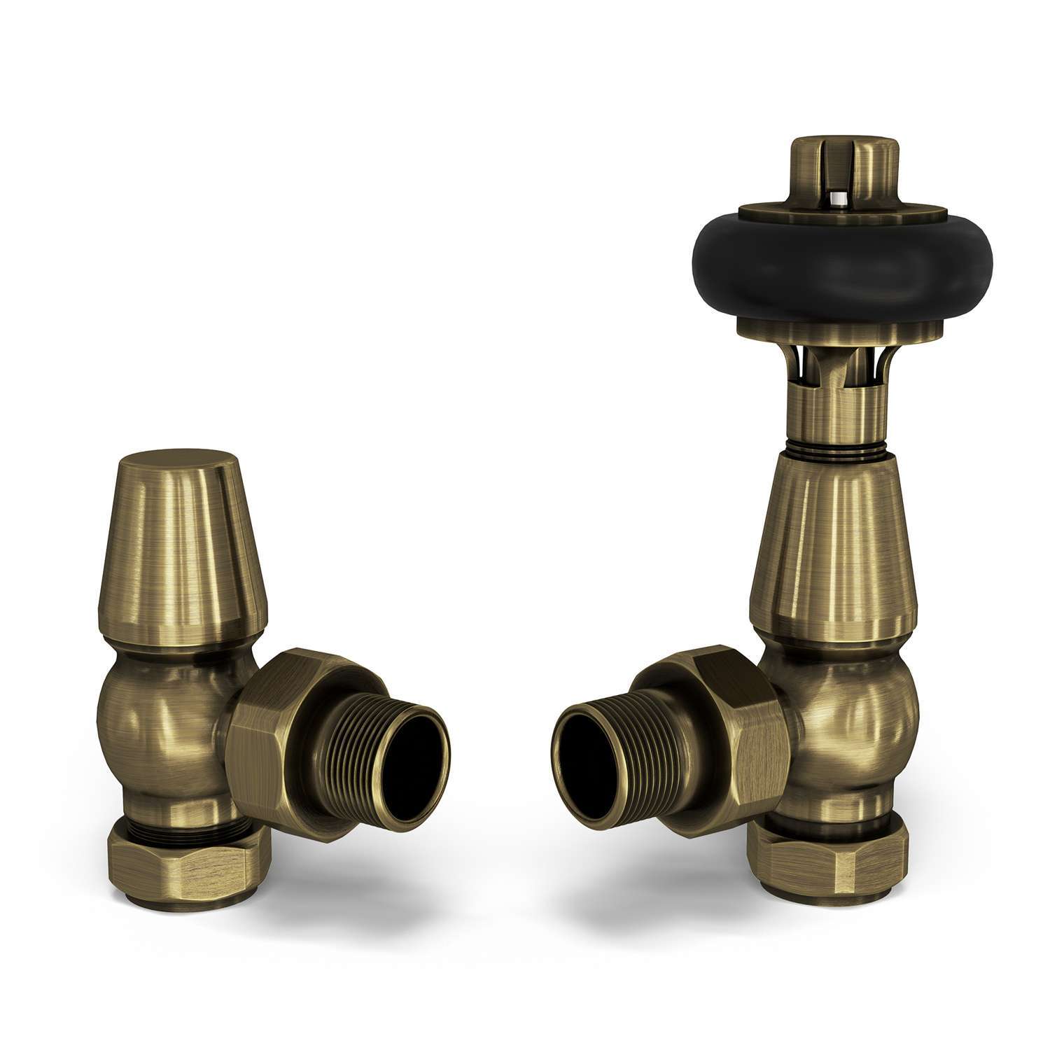 Uk Radiators Signature Wooden Head - Black Nickel Thermostatic Radiator Valve & Lockshield Angled - Antique Brass / 142Mm / Trv Valve Head, Lockshield, Pair Of 8Mm