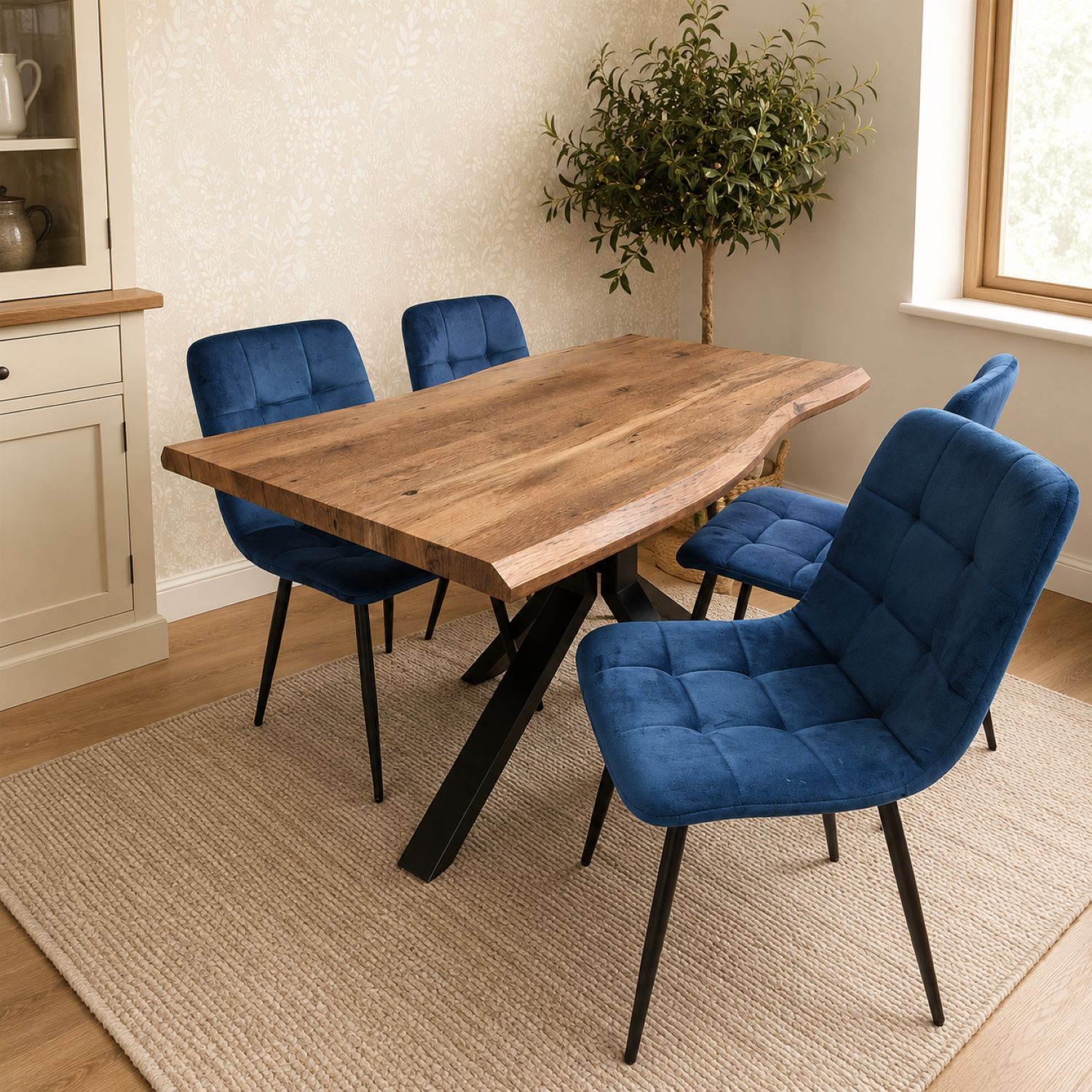 KOSY KOALA 4 Seater Rustic Brown Dining Table Set with 4 Blue Velvet Chairs