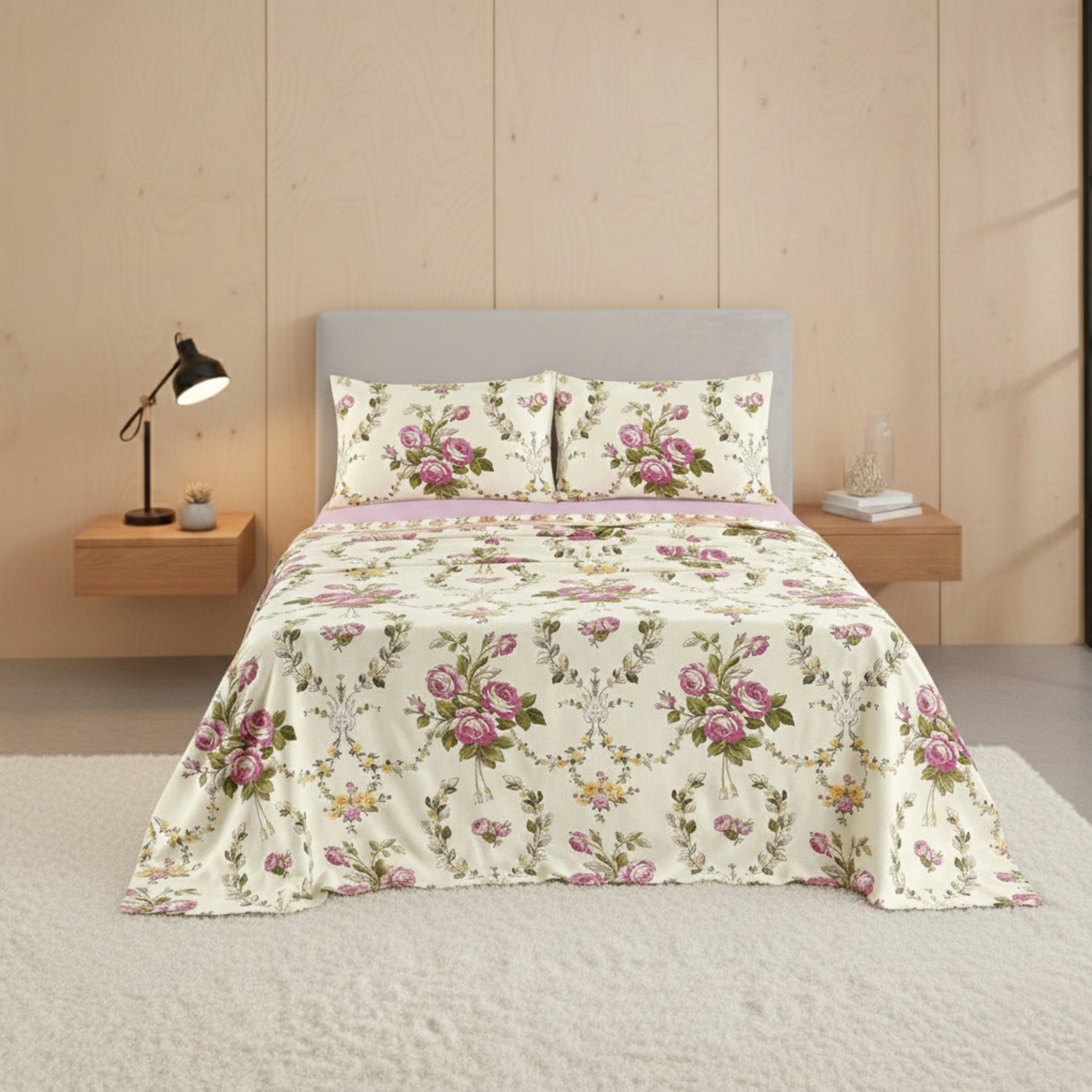 Snug City Soft Floral Brushed Cotton Fitted Flat Sheet & Matching Pillowcases in Pink | Size: King