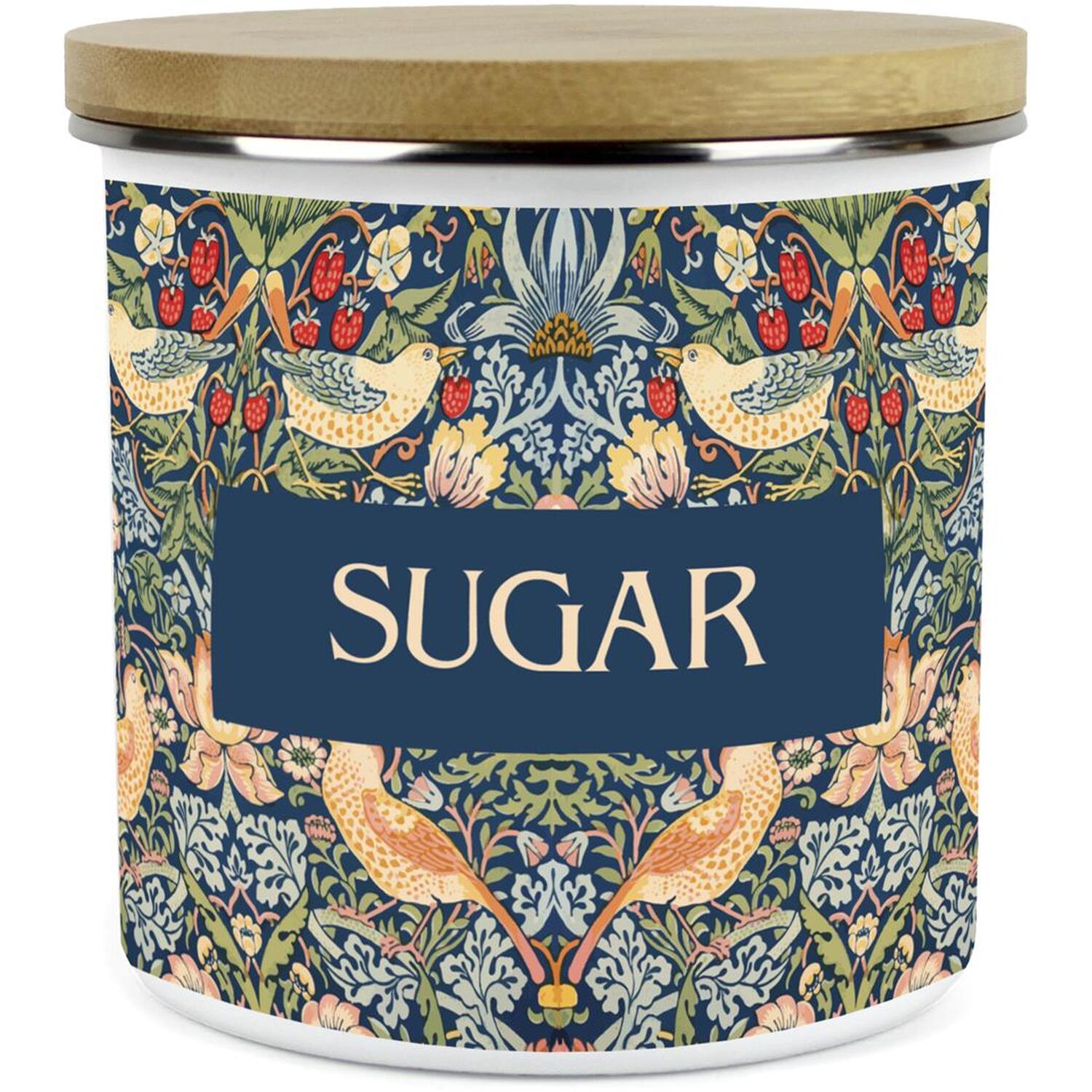 Blue Strawberry Thief Sugar Storage Canister - Enamel & Bamboo Kitchen Container - Image 2