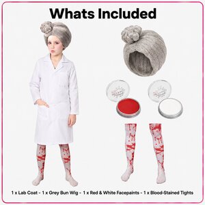 Girls Evil Dentist Halloween Fancy Dress Costume White Lab Coat Red Facepaint Bloody Tights