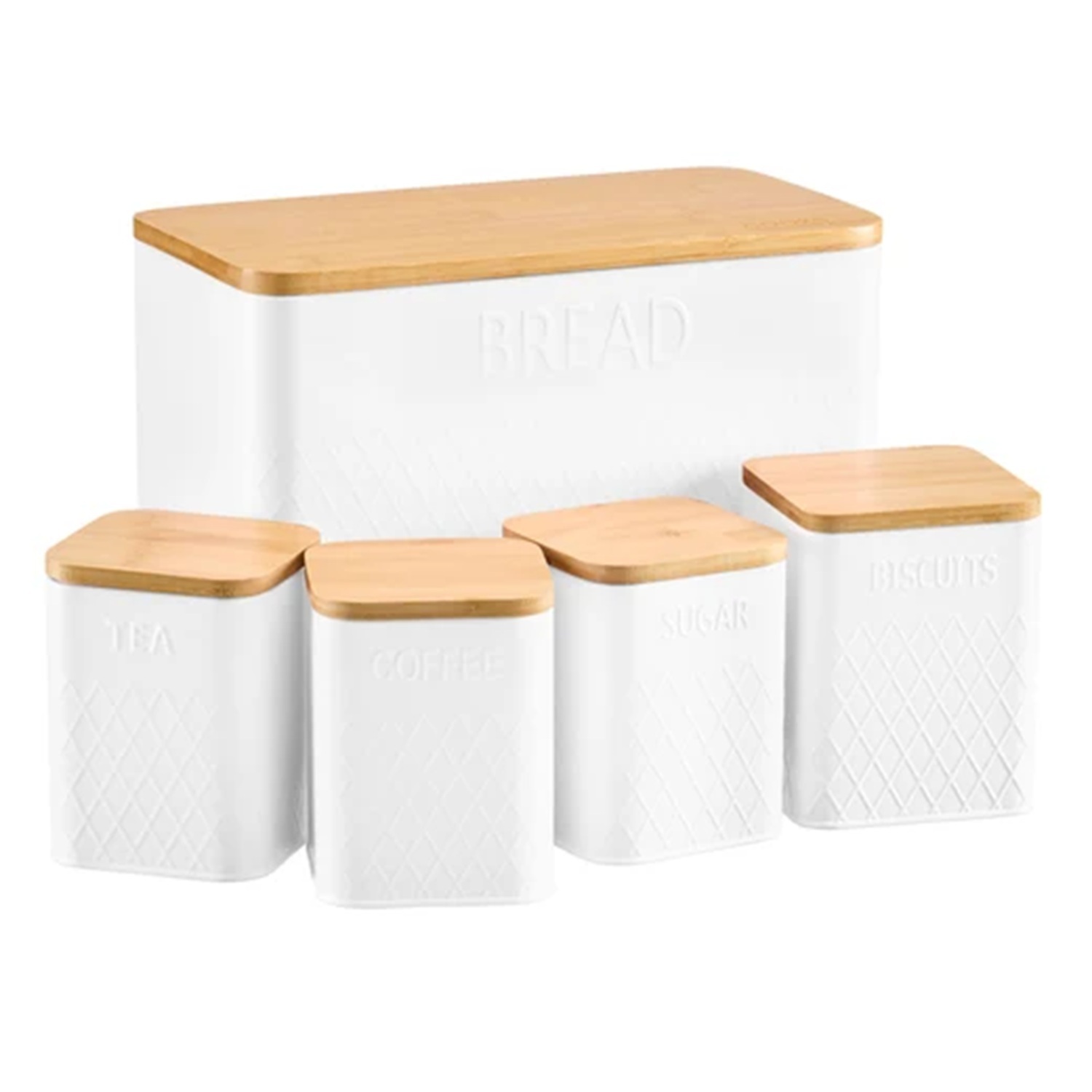 B&Q - 5 Piece TeaCoffeeSugarBiscuit & Bread Cannister Set With Bamboo Lids & Diamond PatternWhite - Image 3