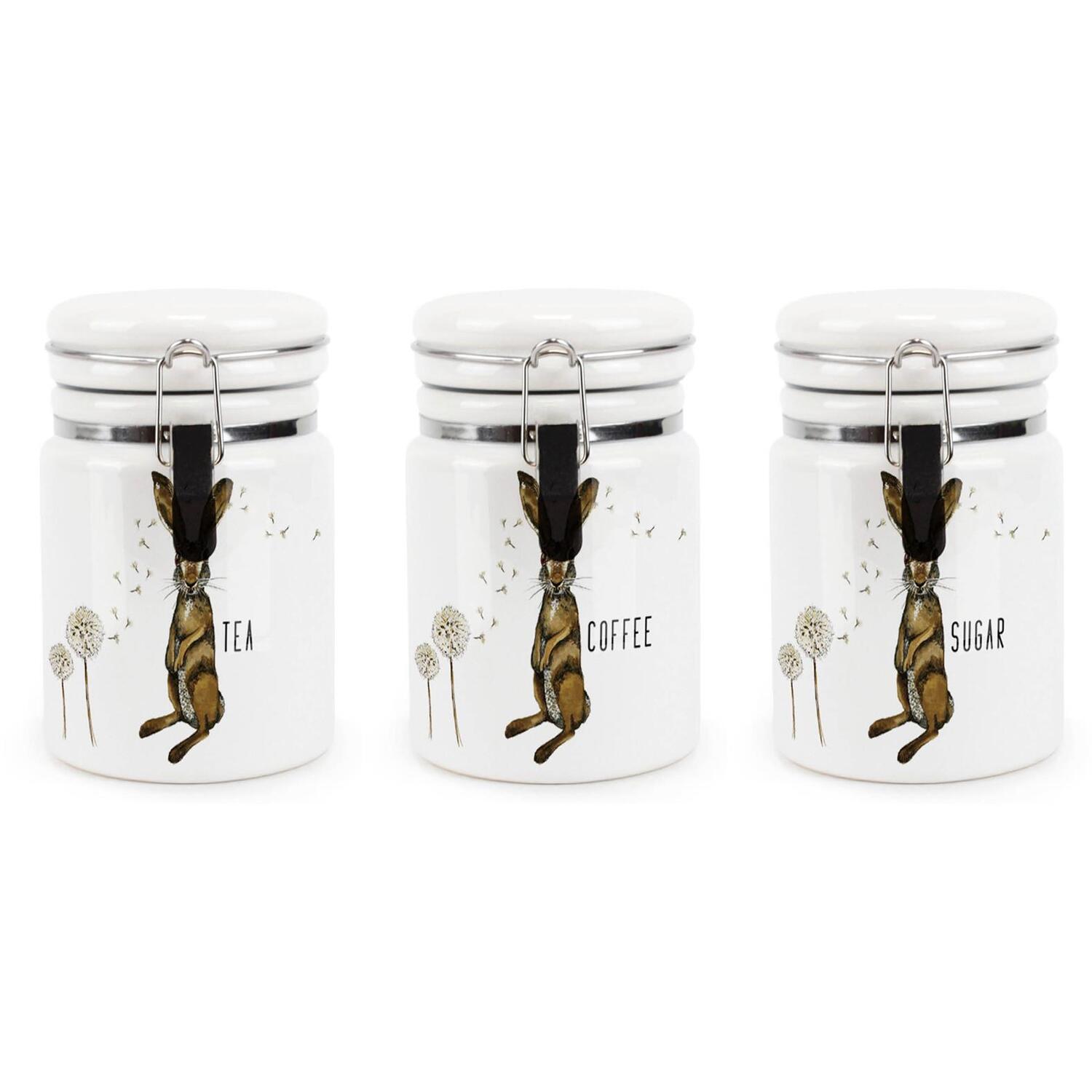 B&Q - Hares & Dandelions Tea Coffee & Sugar Ceramic CanistersKitchen Storage Containers With Clip Lid 400MlSet Of 3 - Image 2