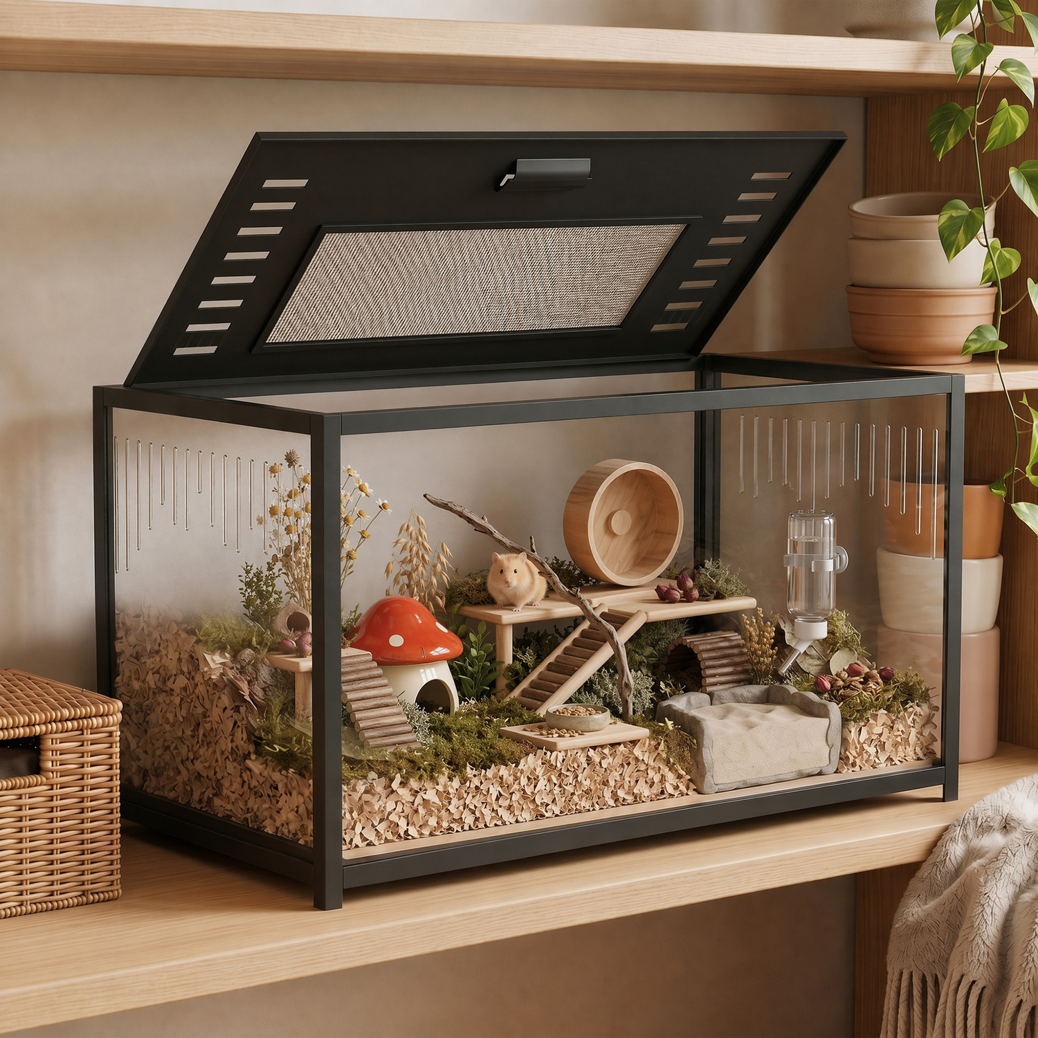 Pawhut Hamster Cage, Chewproof Metal Rat Cage With Deep Base, Openable Top, Black - Image 3