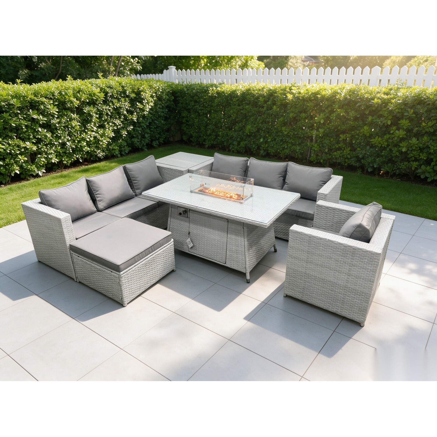 Rackhams Light/Grey Rattan Fire Pit Garden Furniture Set Gas Heater Burner Lounge Sofa With Side Coffee Table Big Footstool Chair - Image 2