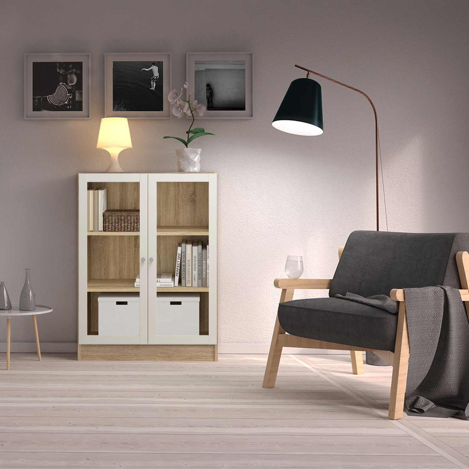 Furniture To Go Basic Low Wide Display Cabinet (2 Shelves) With 2 Glass Doors - Oak