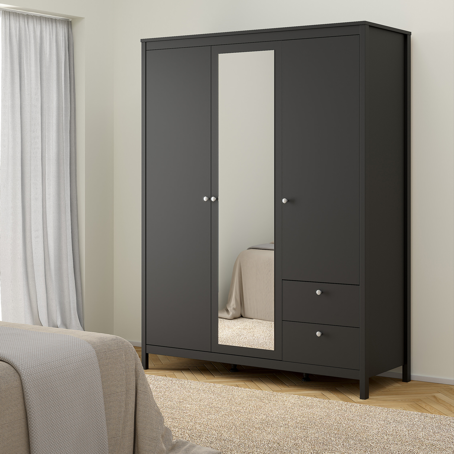 B&Q - Madrid Wardrobe With 2 Doors + 1 Mirror Door + 2 Drawers Matt Black - Image 3