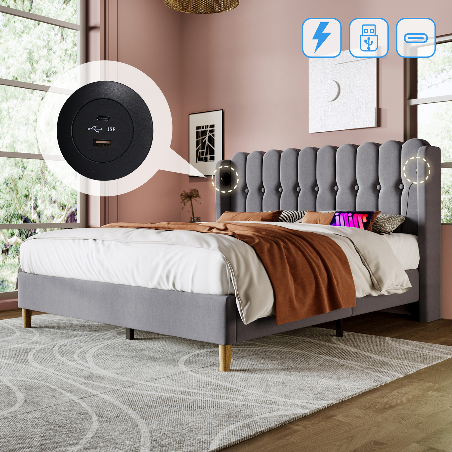 Aka Linen Bed With Usb & Type-C Charging - Grey