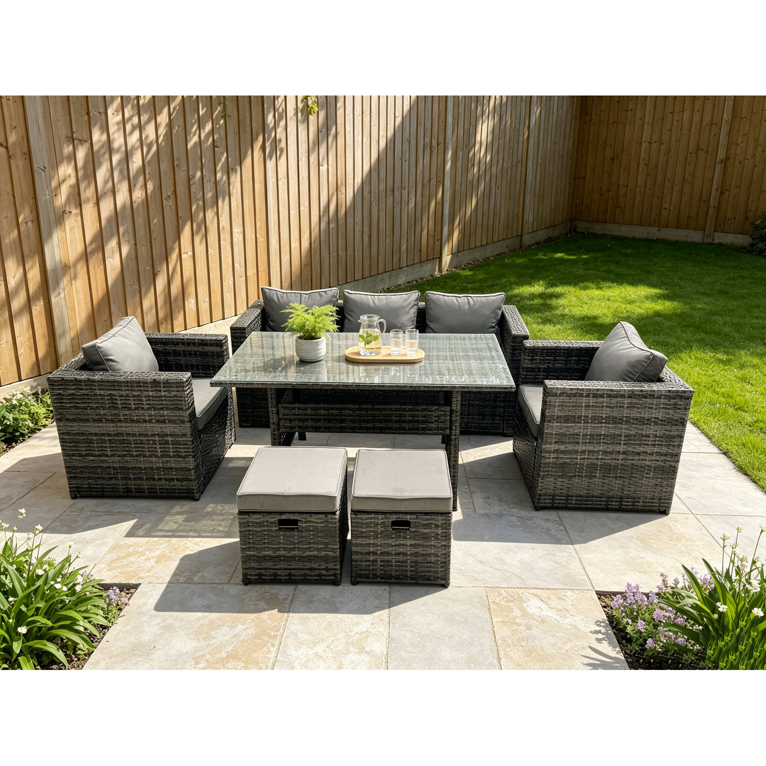 Fimous 7-Seater Rattan Lounge Sofa Set With Dining Table & Footstools - Dark Grey - Image 1