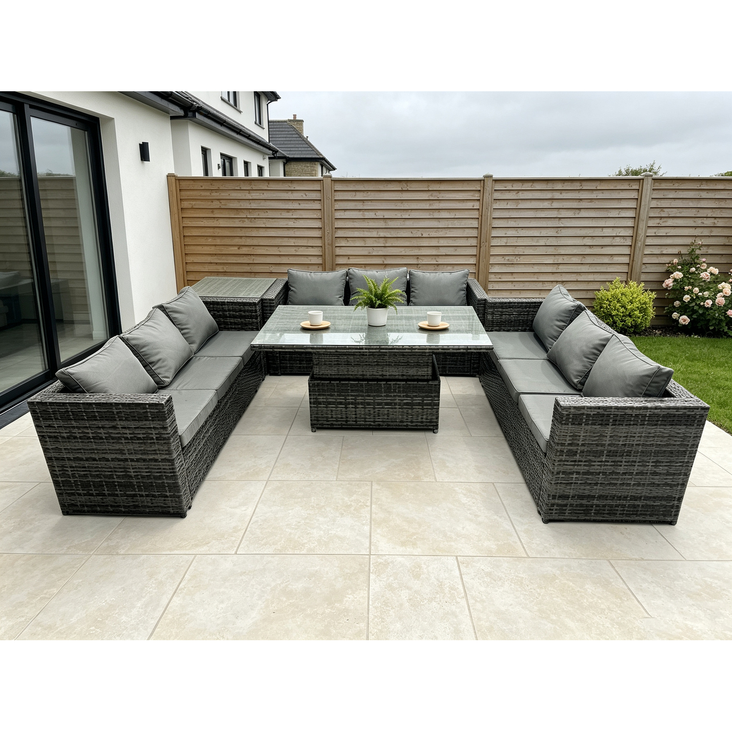 Fimous Unisex Dark Grey Seater Outdoor Rattan Garden Furniture Sofa Set Patio Adjustable Rising Lifting Dining Table Set In Size 9 - Image 2