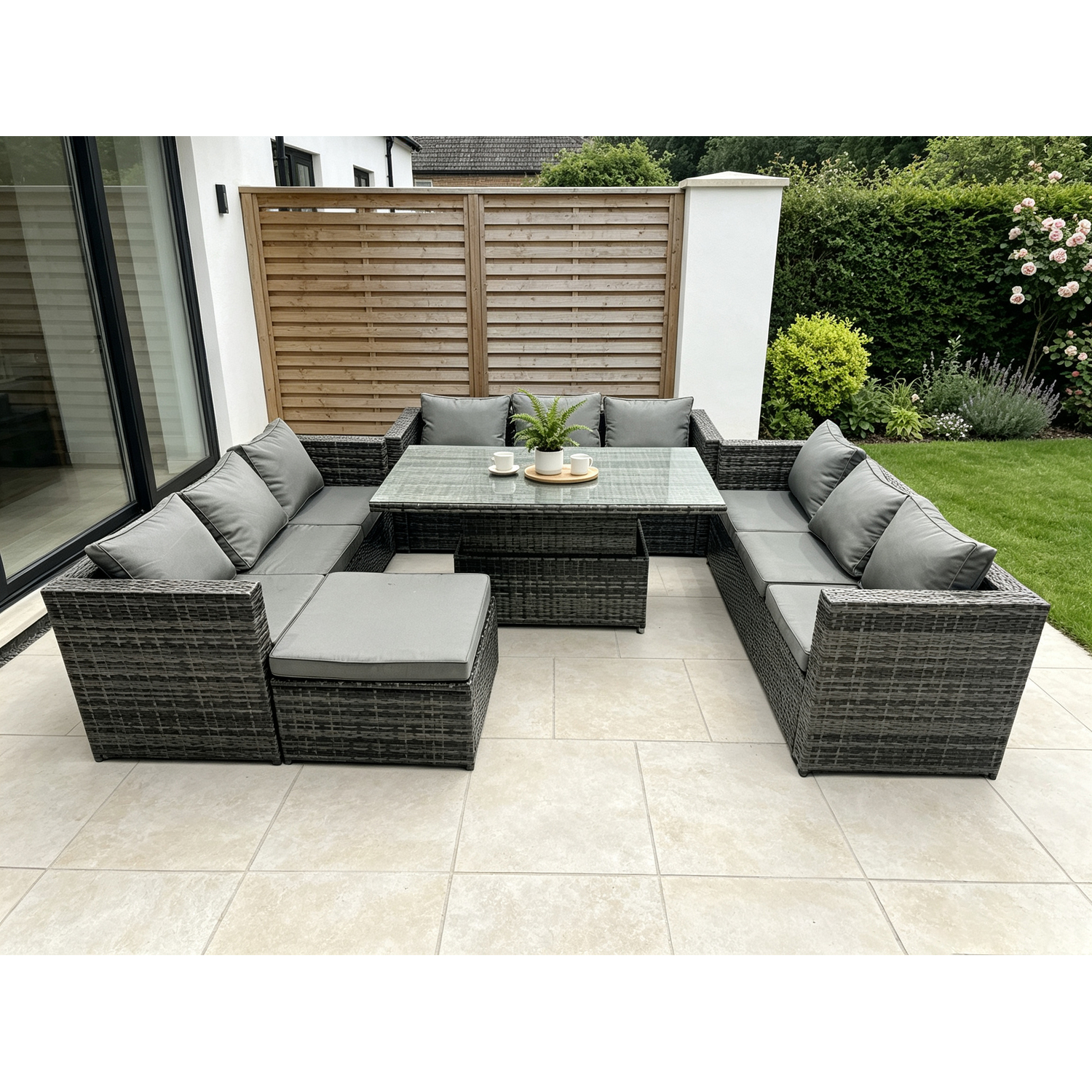 Fimous 10-Seater Rattan Sofa Set With Rising Dining Table & Footstool - Dark Grey - Image 1