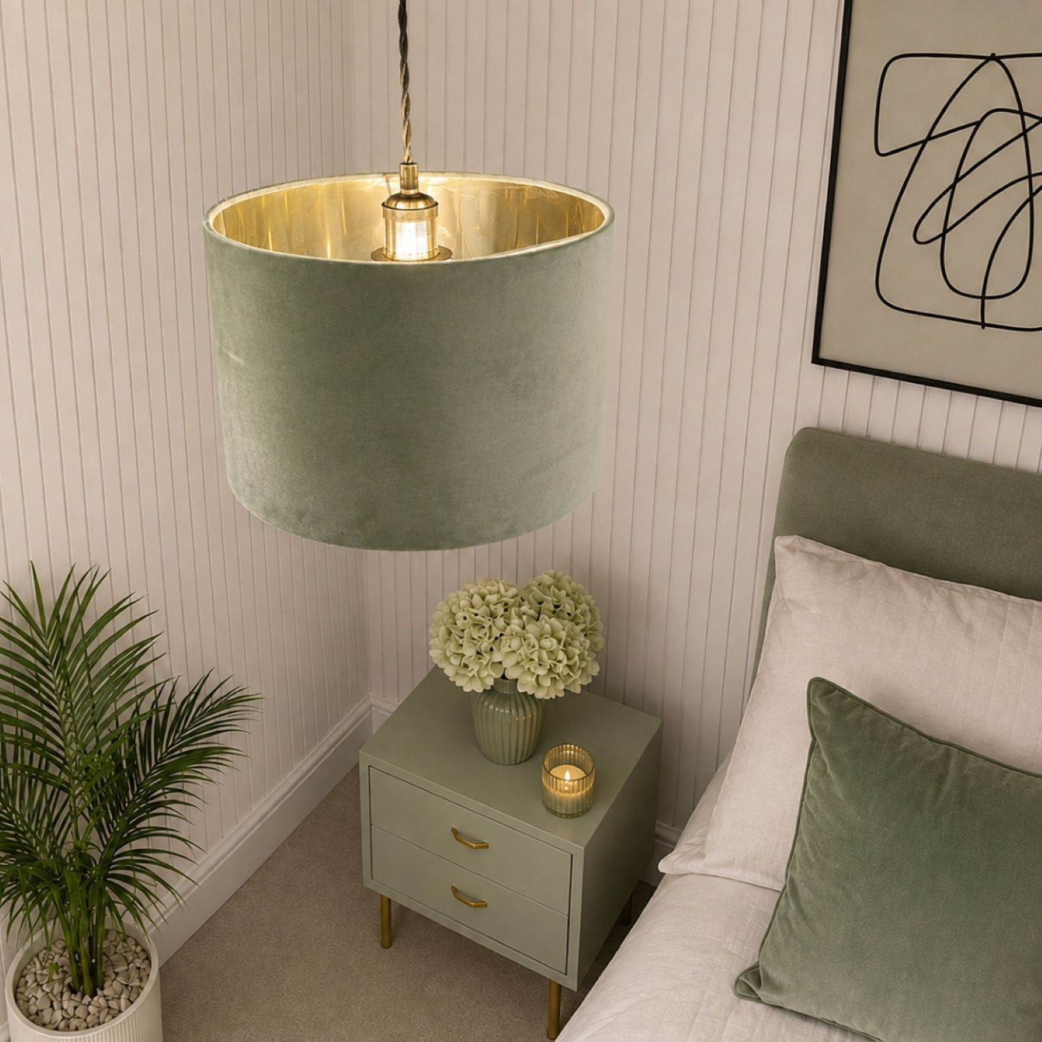 Cgc Lighting Cgc Nila Luxury Olive Green Velvet & Gold Inner Round Pendant Drum Lamp Shade - Olive Green - Image 2