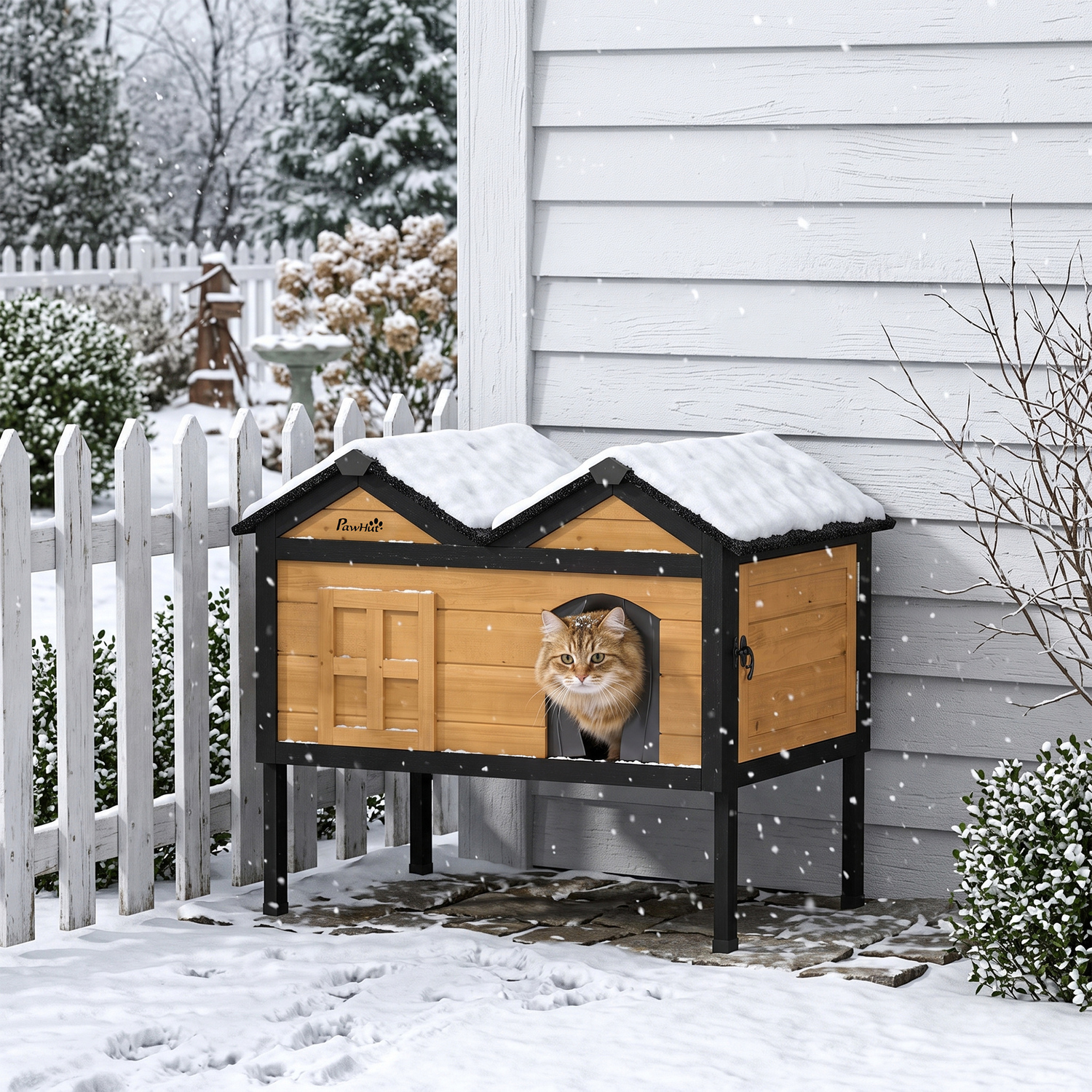 Pawhut Outdoor Wooden Cat House, Insulated Cat Shelter, Raised Base - Image 4